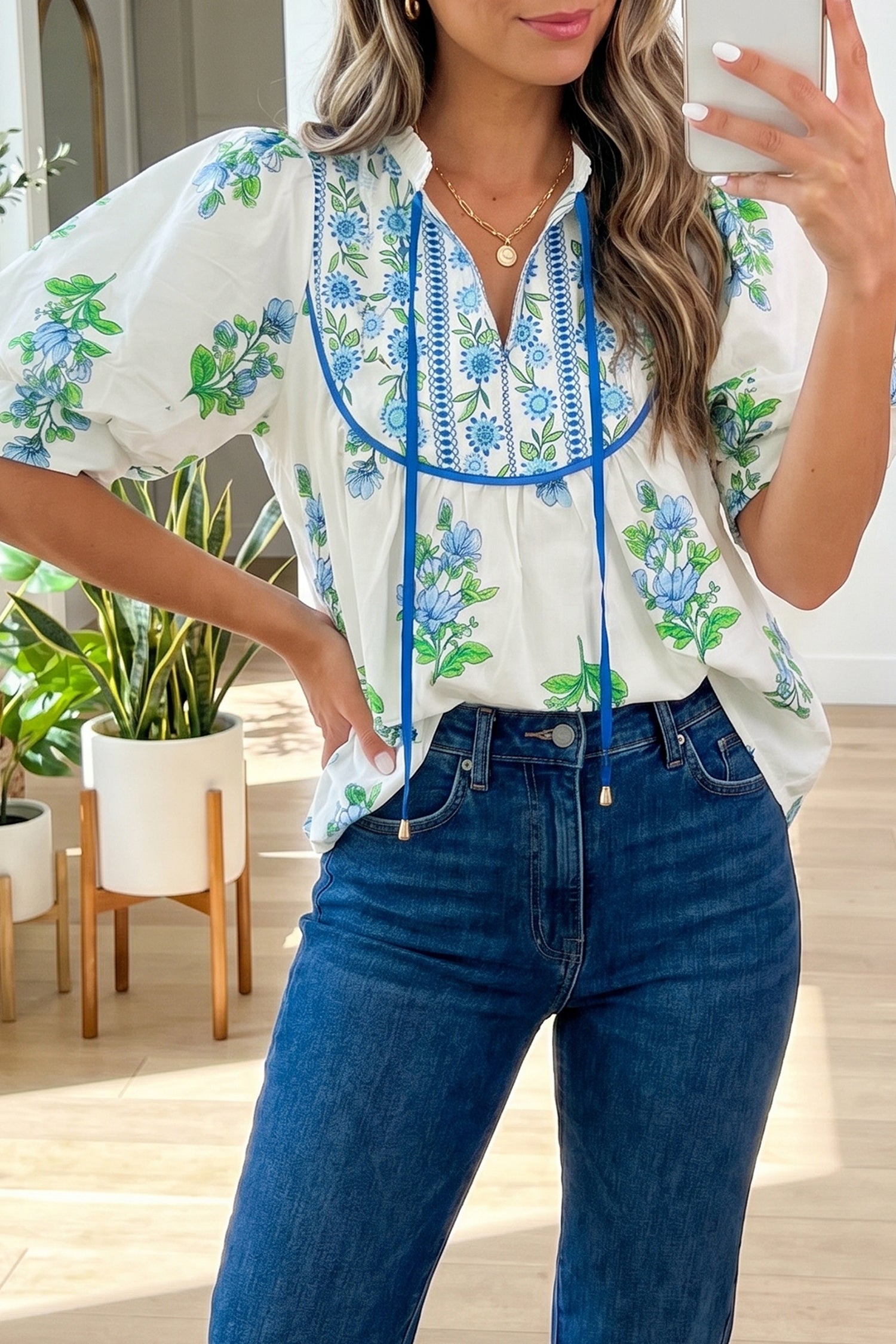 White Floral Print Contrast Trim Tie Neck Blouse-Tops/Blouses & Shirts-[Adult]-[Female]-White-S-2022 Online Blue Zone Planet