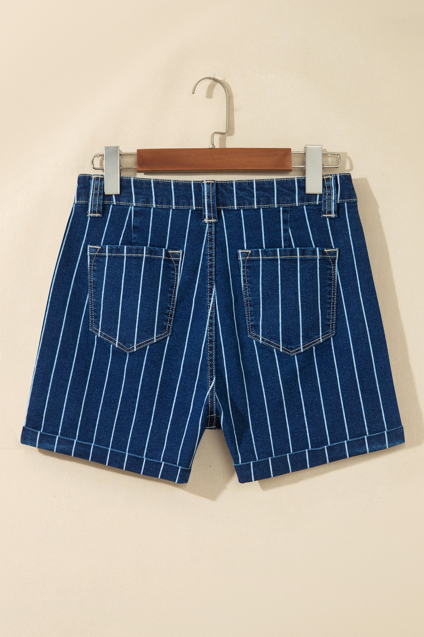 Blue Stripe Metal Button Detail Womens Denim Shorts-Bottoms/Denim Shorts-[Adult]-[Female]-2022 Online Blue Zone Planet
