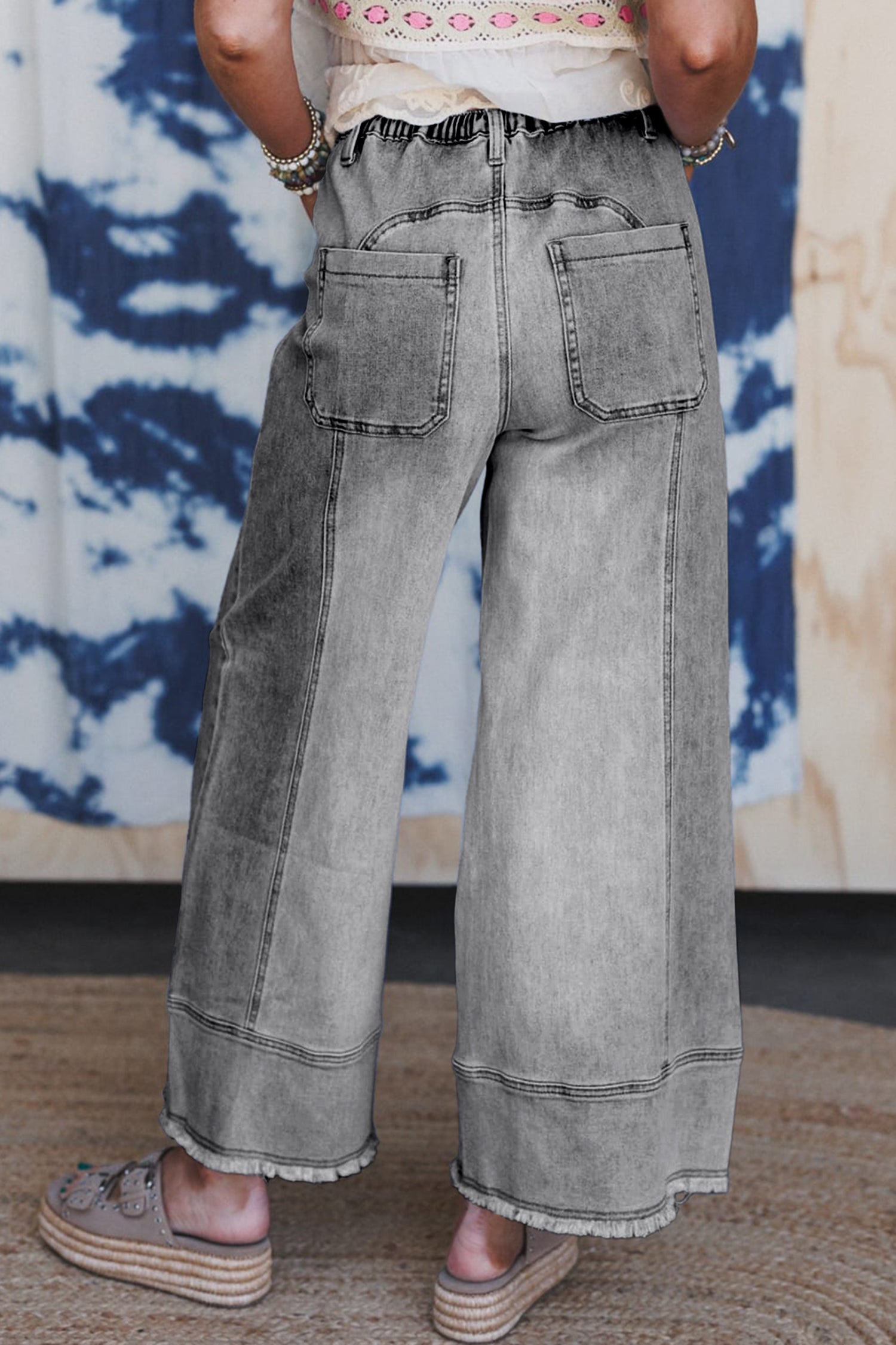 Gray Drawstring Seam Detail Raw Hem Wide Leg Denim Pants-Bottoms/Jeans-[Adult]-[Female]-2022 Online Blue Zone Planet