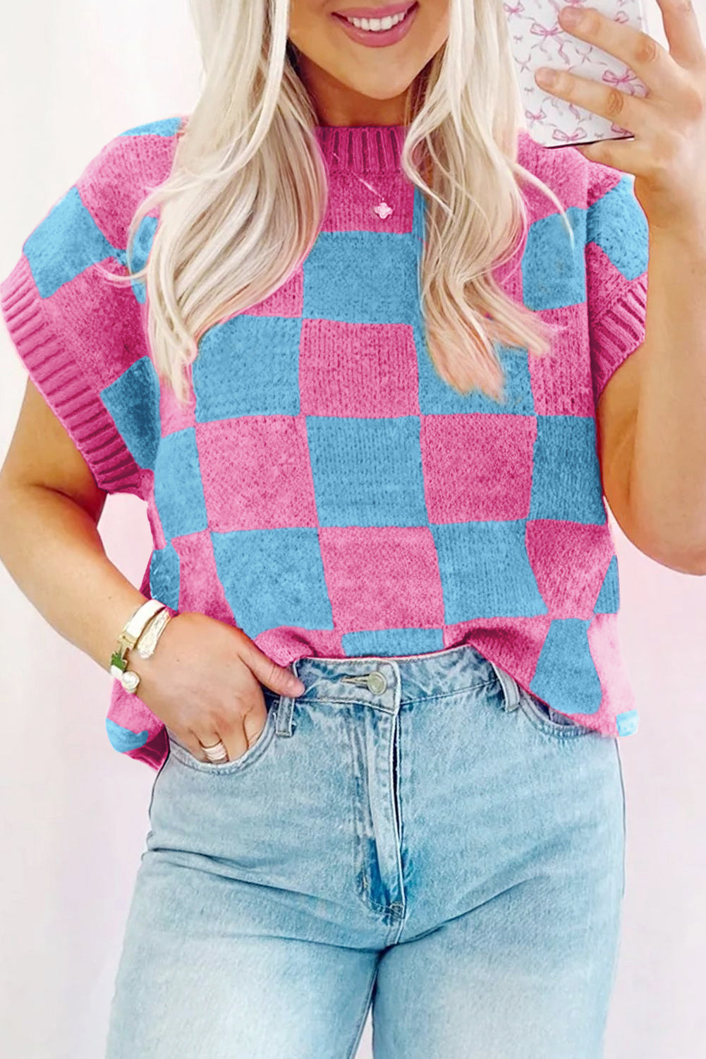 Color Black Colorblock Plaid Pattern Ribbed Trim Sweater Tank Top-Sweaters & Cardigans/Sweater Vests-[Adult]-[Female]-Sachet Pink-S-2022 Online Blue Zone Planet