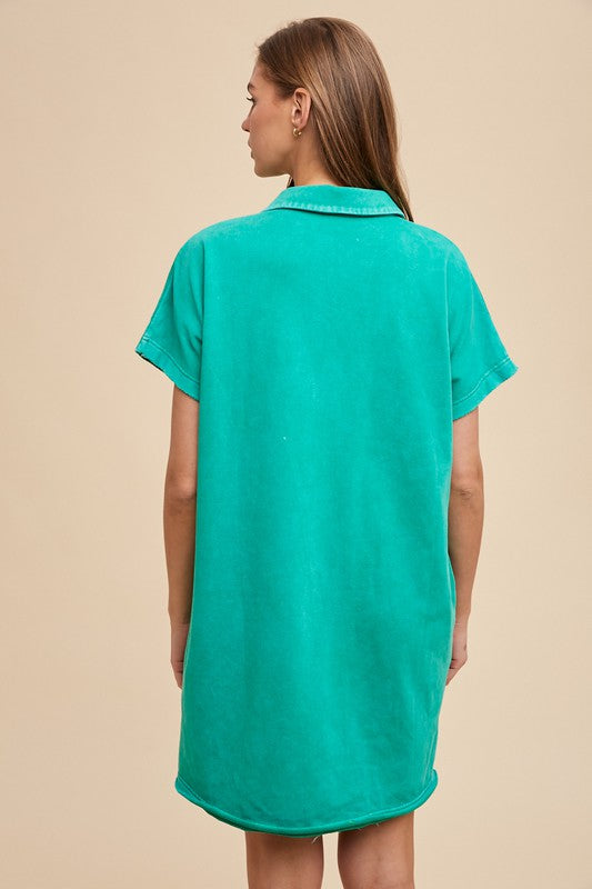 Annie Wear Mineral Washed Johnny Collar Short Sleeve Dress-TOPS / DRESSES-[Adult]-[Female]-2022 Online Blue Zone Planet