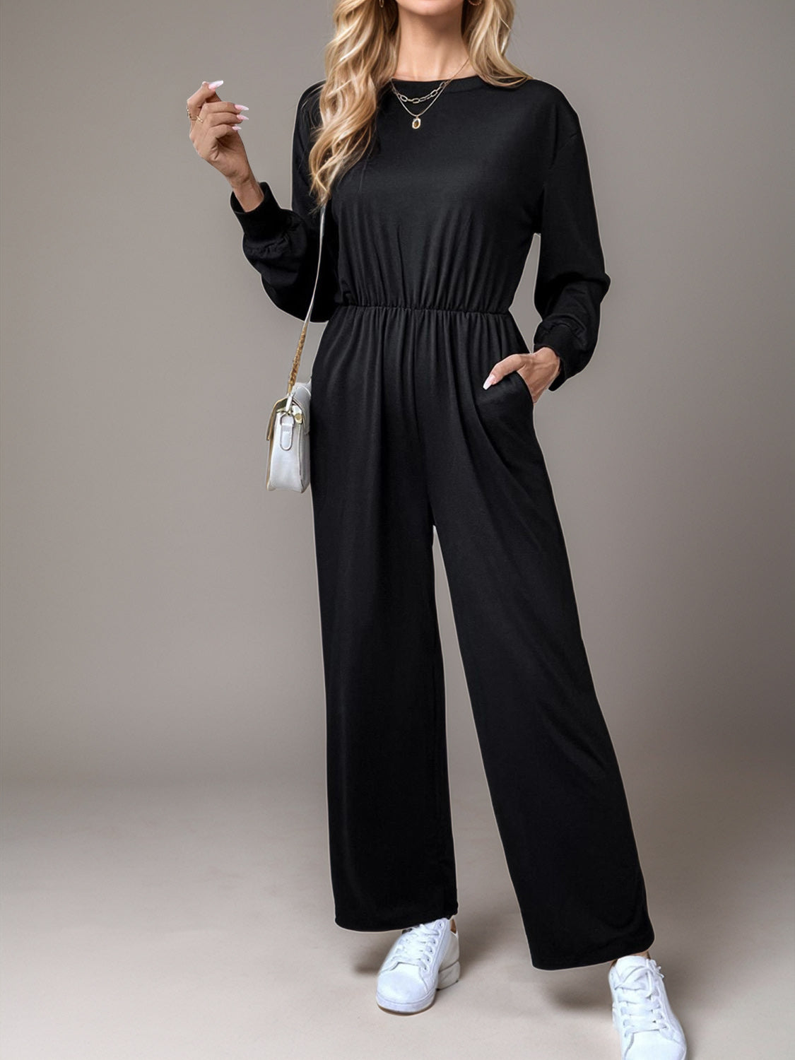 Tied Round Neck Wide Leg Jumpsuit-TOPS / DRESSES-[Adult]-[Female]-Black-S-2022 Online Blue Zone Planet