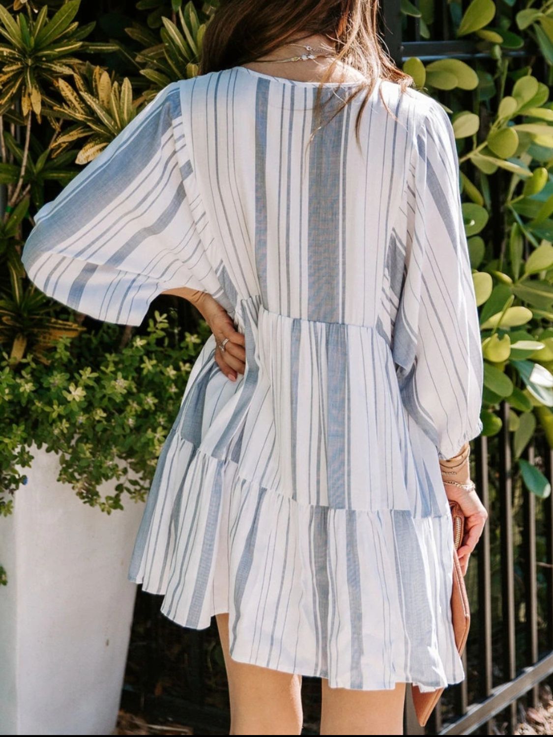 Blue Zone Planet | Tassel Striped Tie Neck Batwing Sleeve Dress-TOPS / DRESSES-[Adult]-[Female]-2022 Online Blue Zone Planet