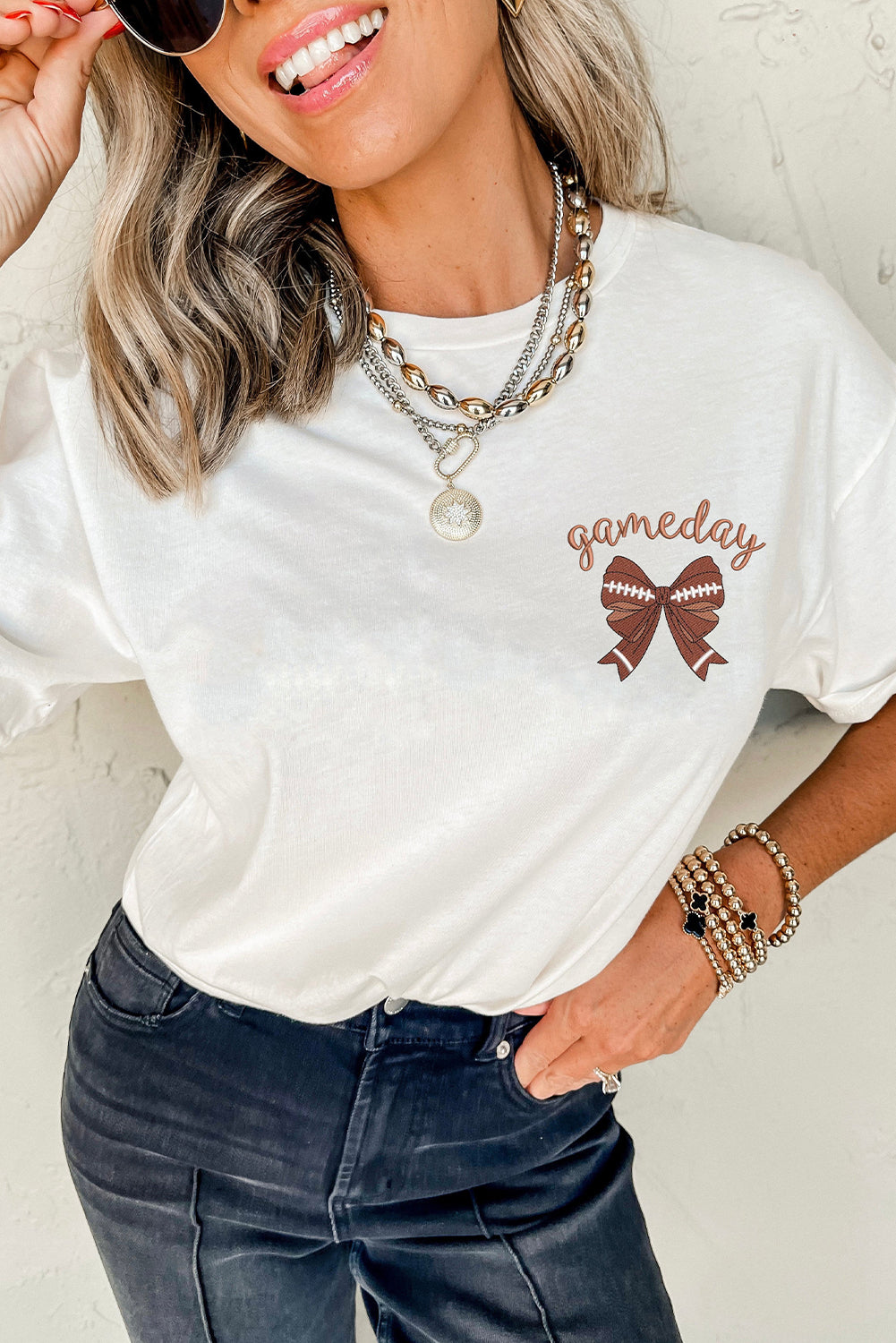 White Game Day Bowknot Embroidered Graphic Casual Tee-Graphic/Graphic Tees-[Adult]-[Female]-2022 Online Blue Zone Planet