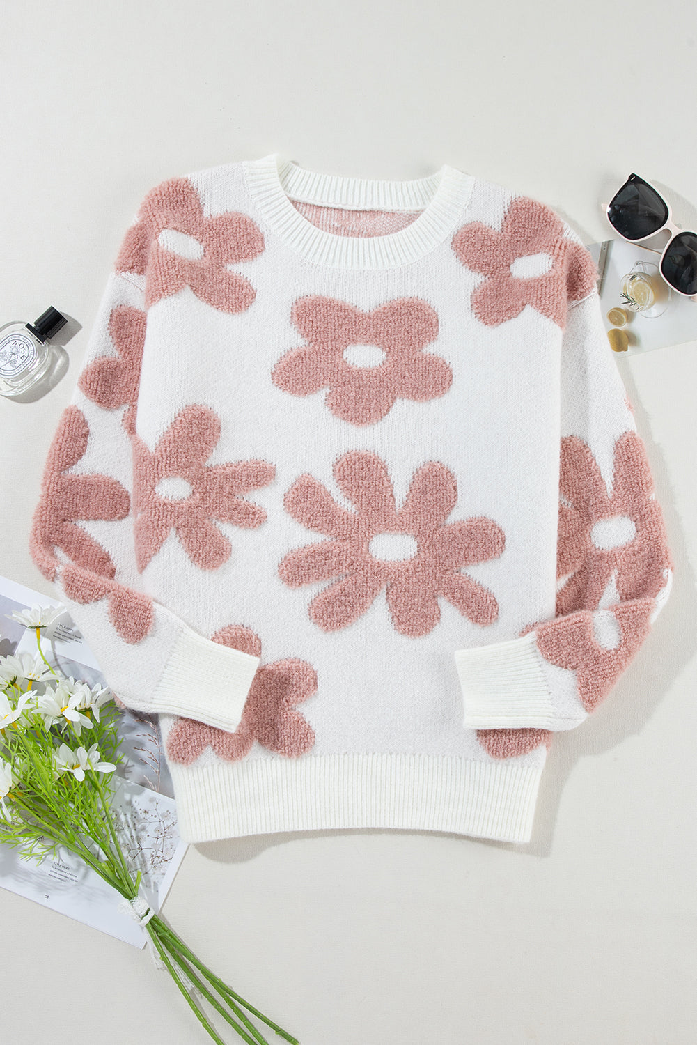 White Textured Flower Drop Shoulder Loose Sweater-Sweaters & Cardigans/Sweaters-[Adult]-[Female]-2022 Online Blue Zone Planet