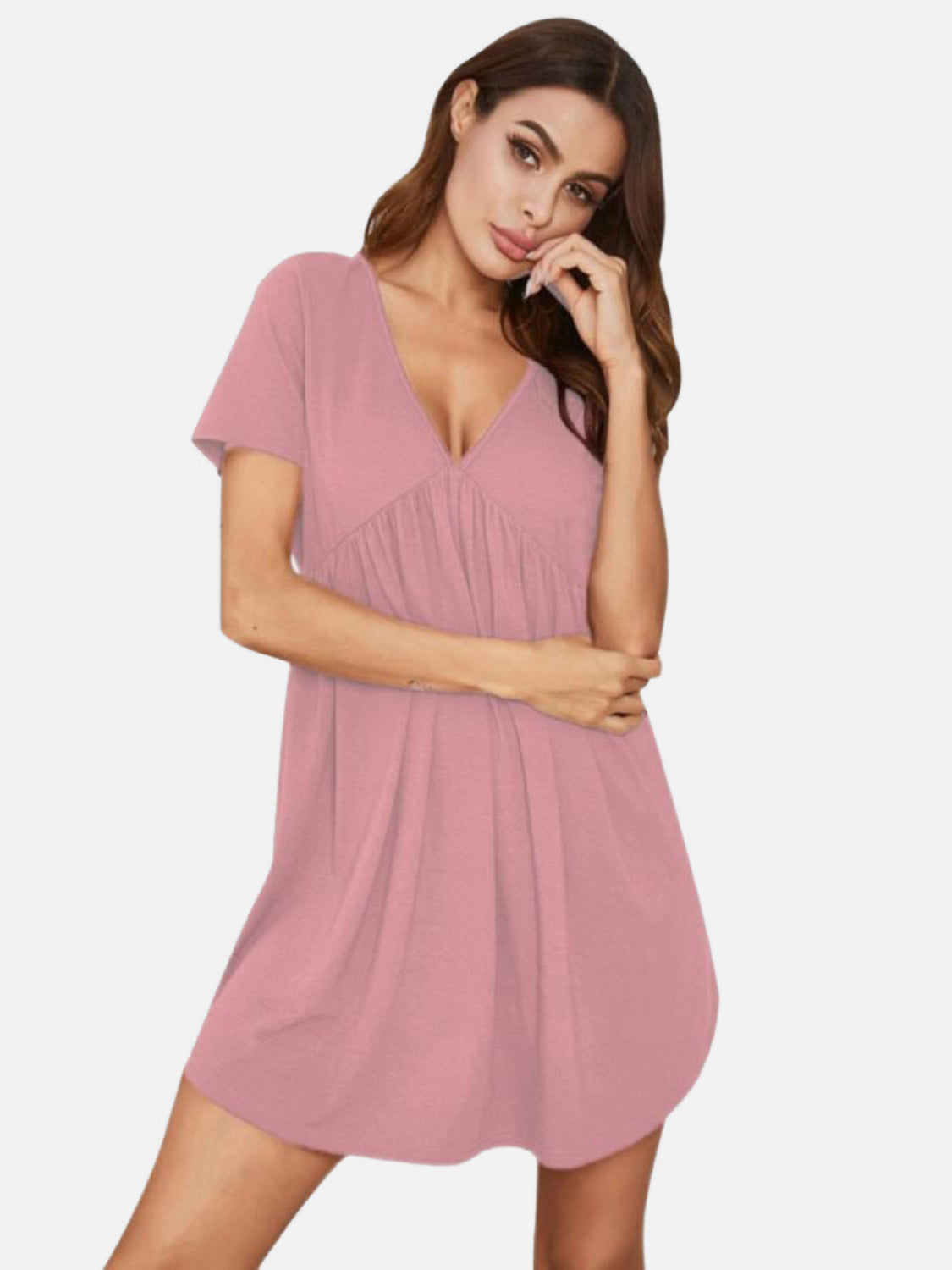 V-Neck Short Sleeve Lounge Dress-TOPS / DRESSES-[Adult]-[Female]-Dusty Pink-S-2022 Online Blue Zone Planet