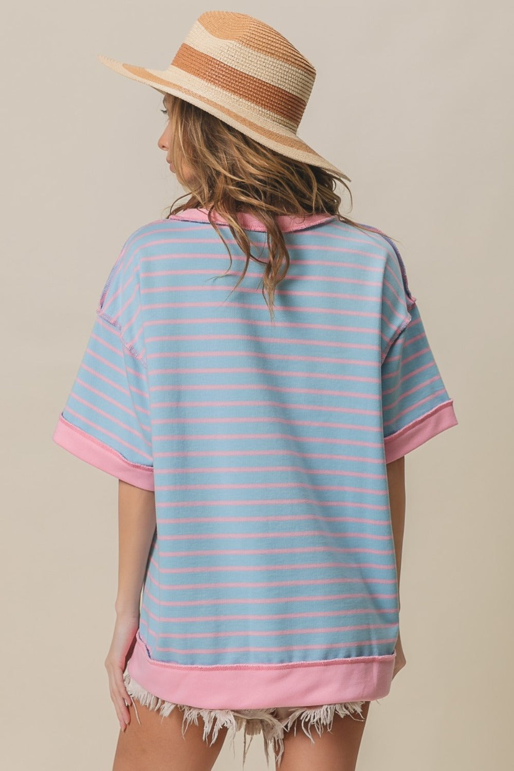 BiBi Exposed Seam Stripe Contrast T-Shirt-TOPS / DRESSES-[Adult]-[Female]-2022 Online Blue Zone Planet