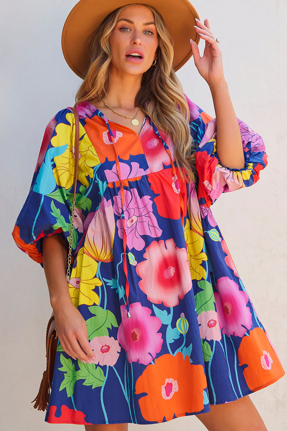 Rose Floral Print Split Neck Babydoll Dress-Dresses/Floral Dresses-[Adult]-[Female]-2022 Online Blue Zone Planet