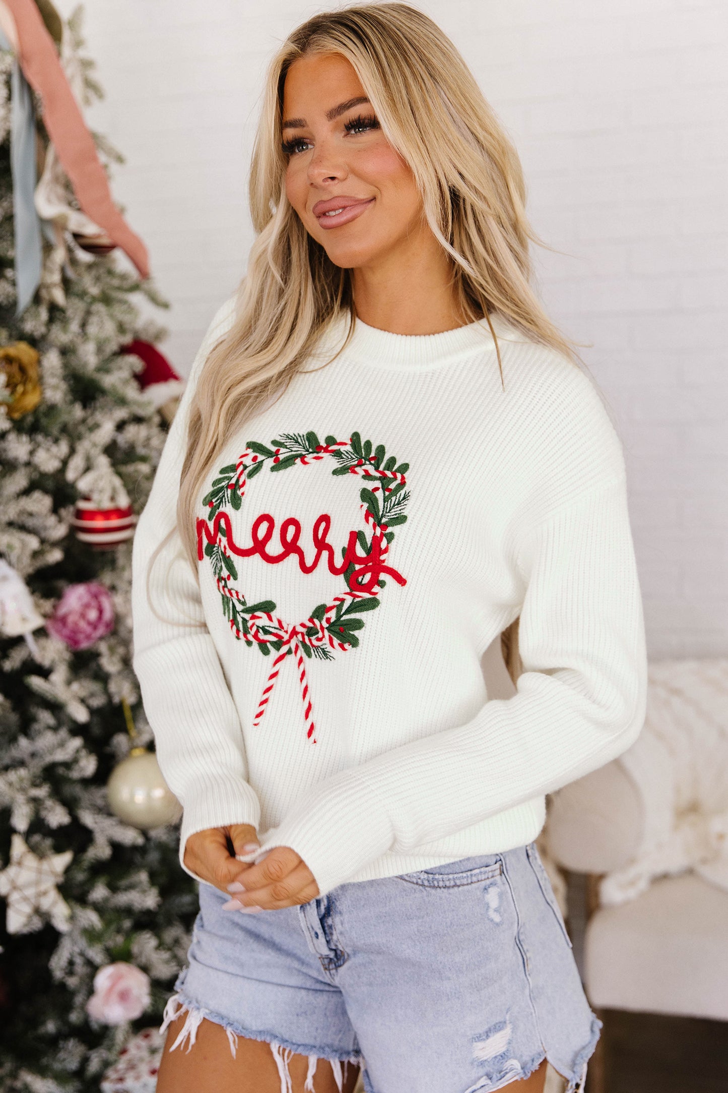 White Christmas Wreath Pattern Round Neck Casual Sweater-TOPS / DRESSES-[Adult]-[Female]-2022 Online Blue Zone Planet
