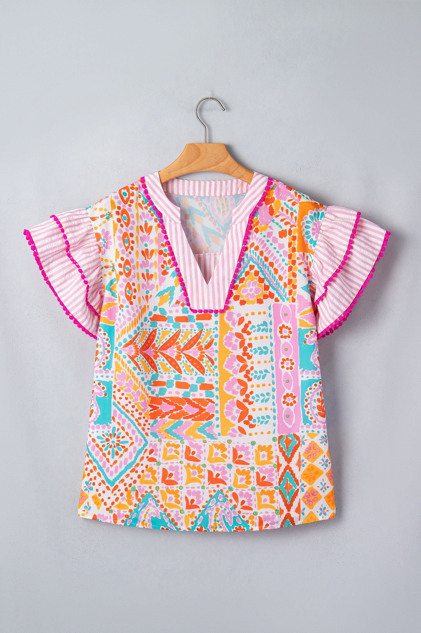 Rose Boho Mixed Print Contrast Trim Striped Patchwork Tiered Short Sleeve Blouse-Tops/Blouses & Shirts-[Adult]-[Female]-2022 Online Blue Zone Planet