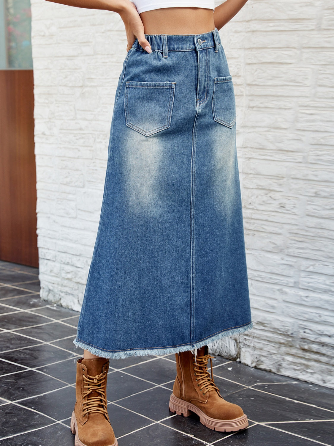 Raw Hem Buttoned Denim Skirt with Pockets-BOTTOMS SIZES SMALL MEDIUM LARGE-[Adult]-[Female]-2022 Online Blue Zone Planet