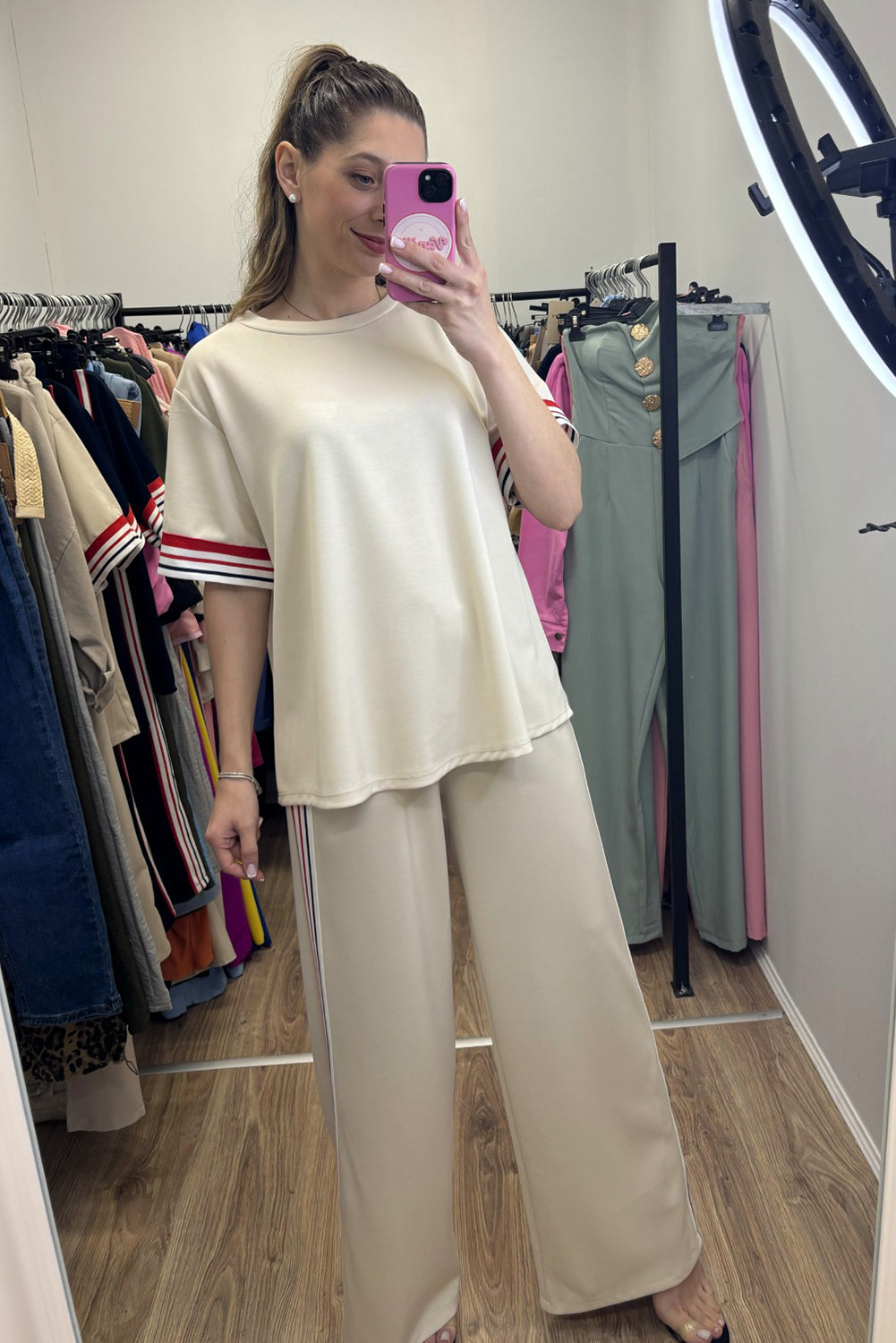 Jet Stream Contrast Striped Trim Crewneck T Shirt Loose Straight Pants Set-Two Piece Sets/Pant Sets-[Adult]-[Female]-2022 Online Blue Zone Planet