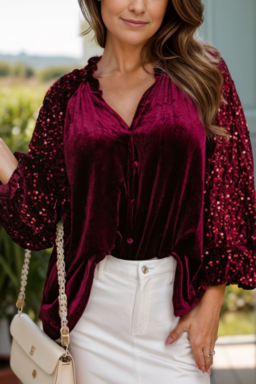 Sequin Notched Long Sleeve Blouse-TOPS / DRESSES-[Adult]-[Female]-Burgundy-S-2022 Online Blue Zone Planet