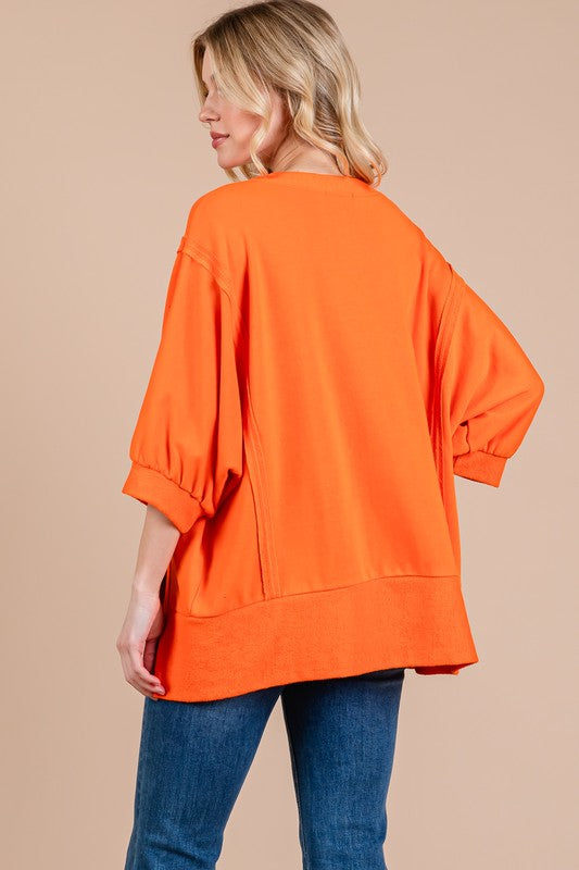 Ces Femme Side Slit Drop Shoulder Puff Sleeve Sweatshirt-TOPS / DRESSES-[Adult]-[Female]-2022 Online Blue Zone Planet