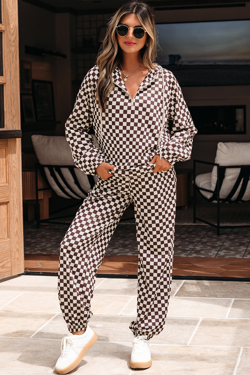 Black Athleisure Checkered 2pcs Pants Set-Two Piece Sets/Pant Sets-[Adult]-[Female]-Black-S-2022 Online Blue Zone Planet