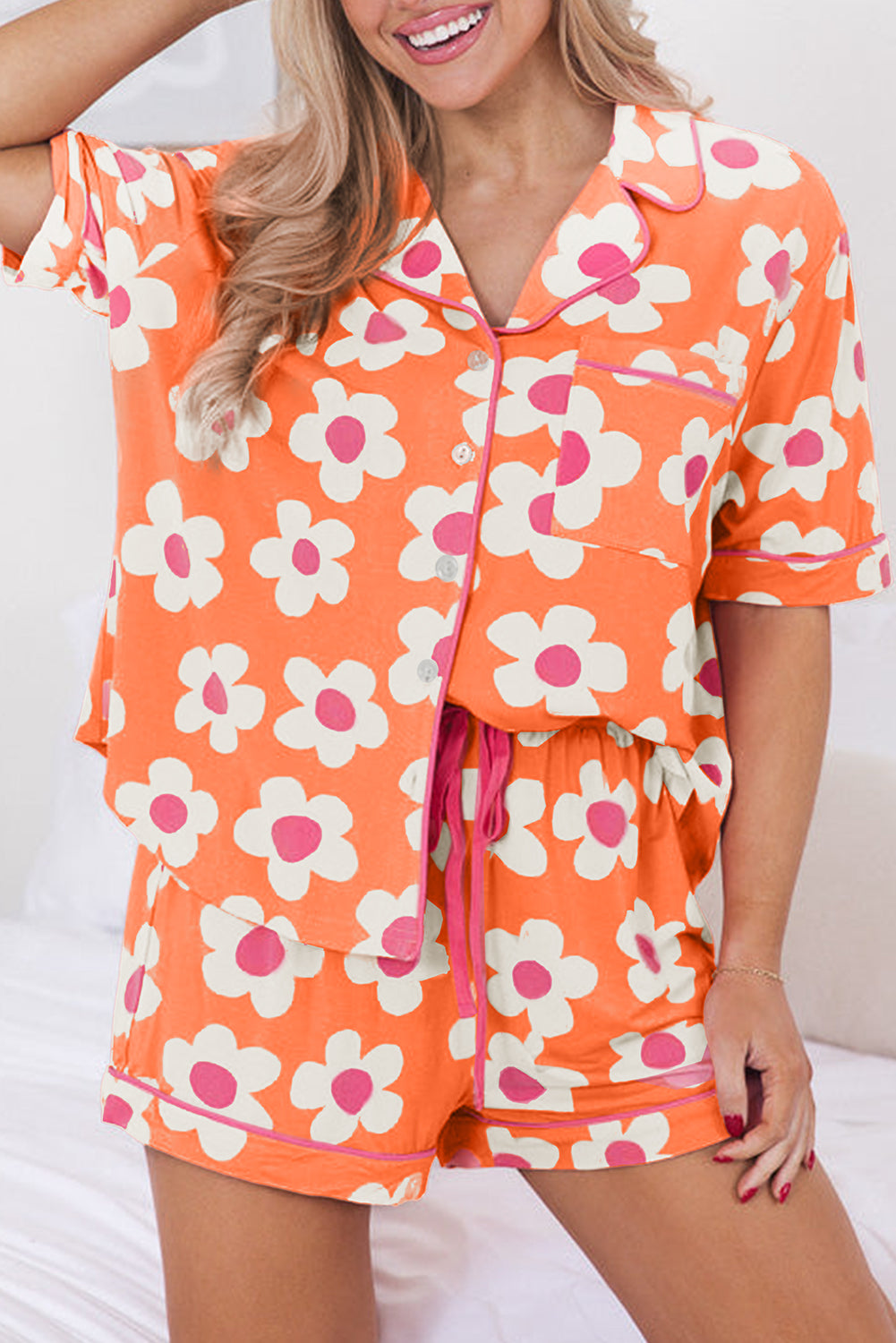 Green Flower Print Short Sleeve Shirt Pajamas Set-Loungewear & Sleepwear/Sleepwear-[Adult]-[Female]-Orange-S-2022 Online Blue Zone Planet