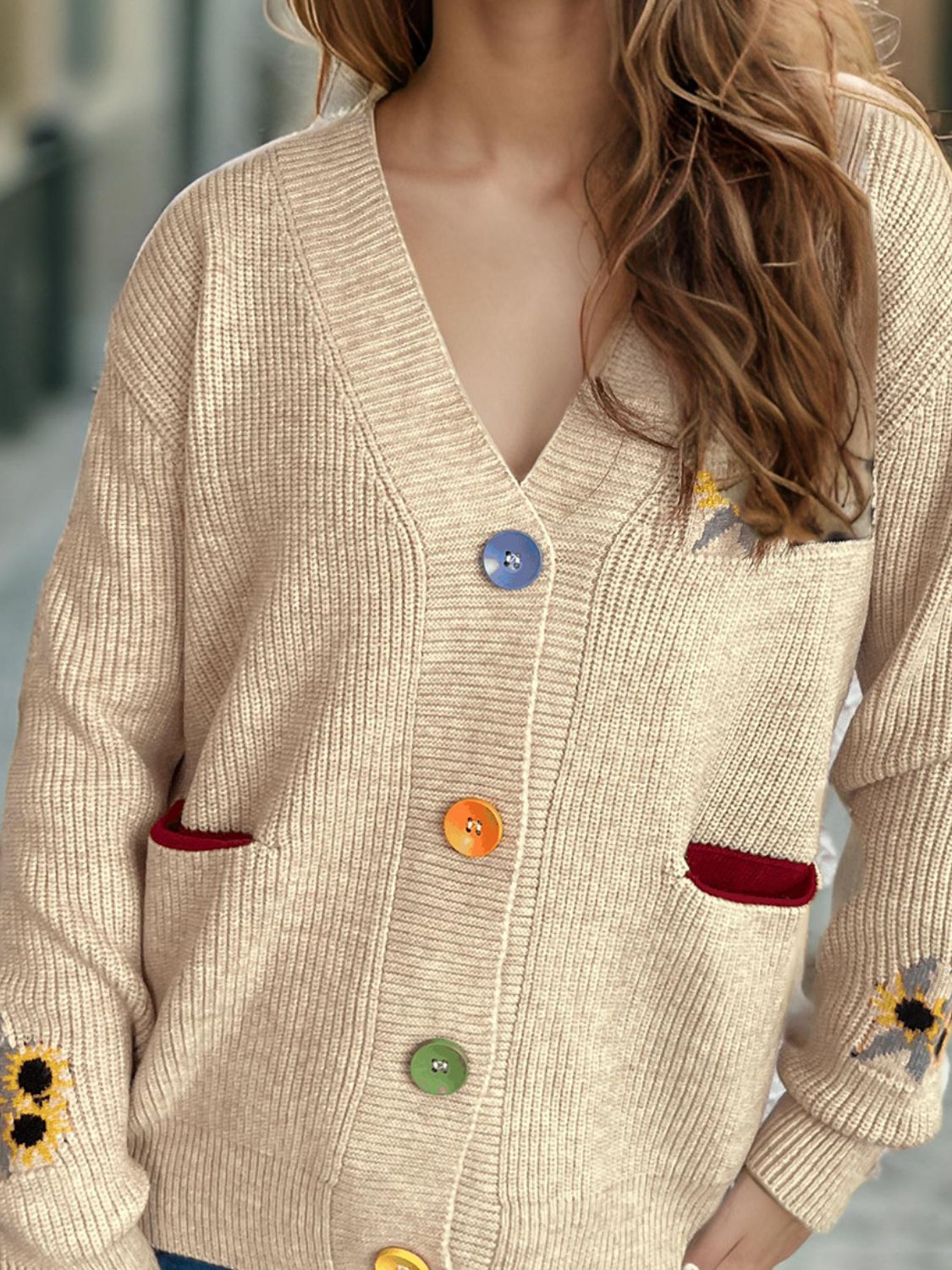 Contrast Button V-Neck Long Sleeve Cardigan-NEW ARRIVALS-[Adult]-[Female]-2022 Online Blue Zone Planet