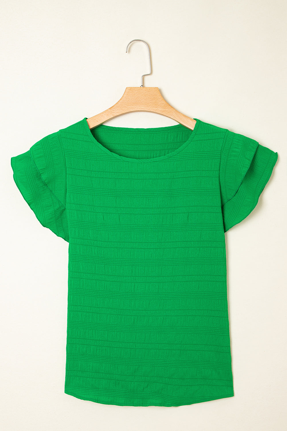 Dark Green Textured Ruffled Sleeve Round Neck Top-Tops/Blouses & Shirts-[Adult]-[Female]-2022 Online Blue Zone Planet