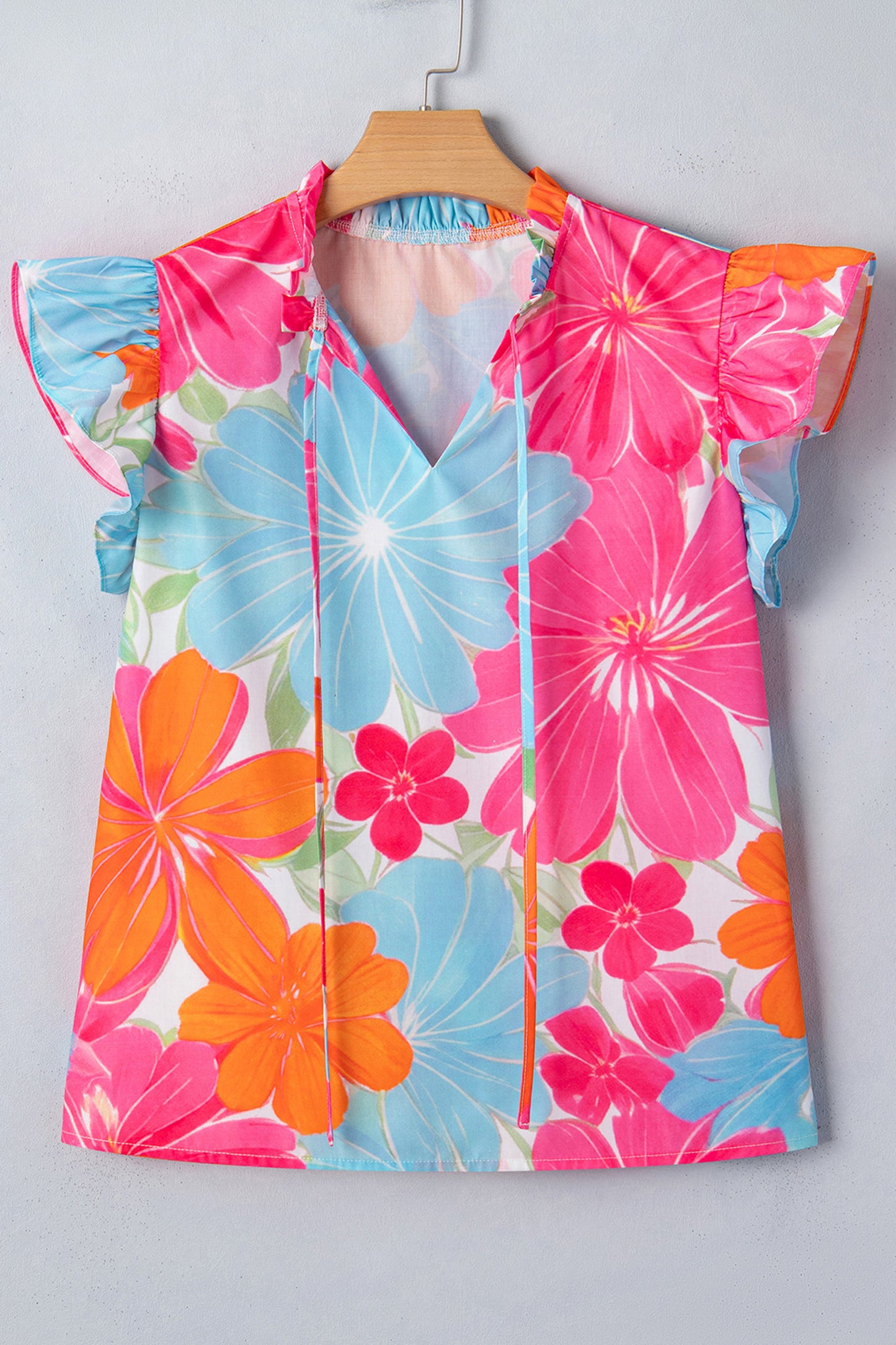 Multicolour Vibrant Flower Printed Tie V Neck Ruffle Trim Sleeveless Blouse-Tops/Blouses & Shirts-[Adult]-[Female]-2022 Online Blue Zone Planet