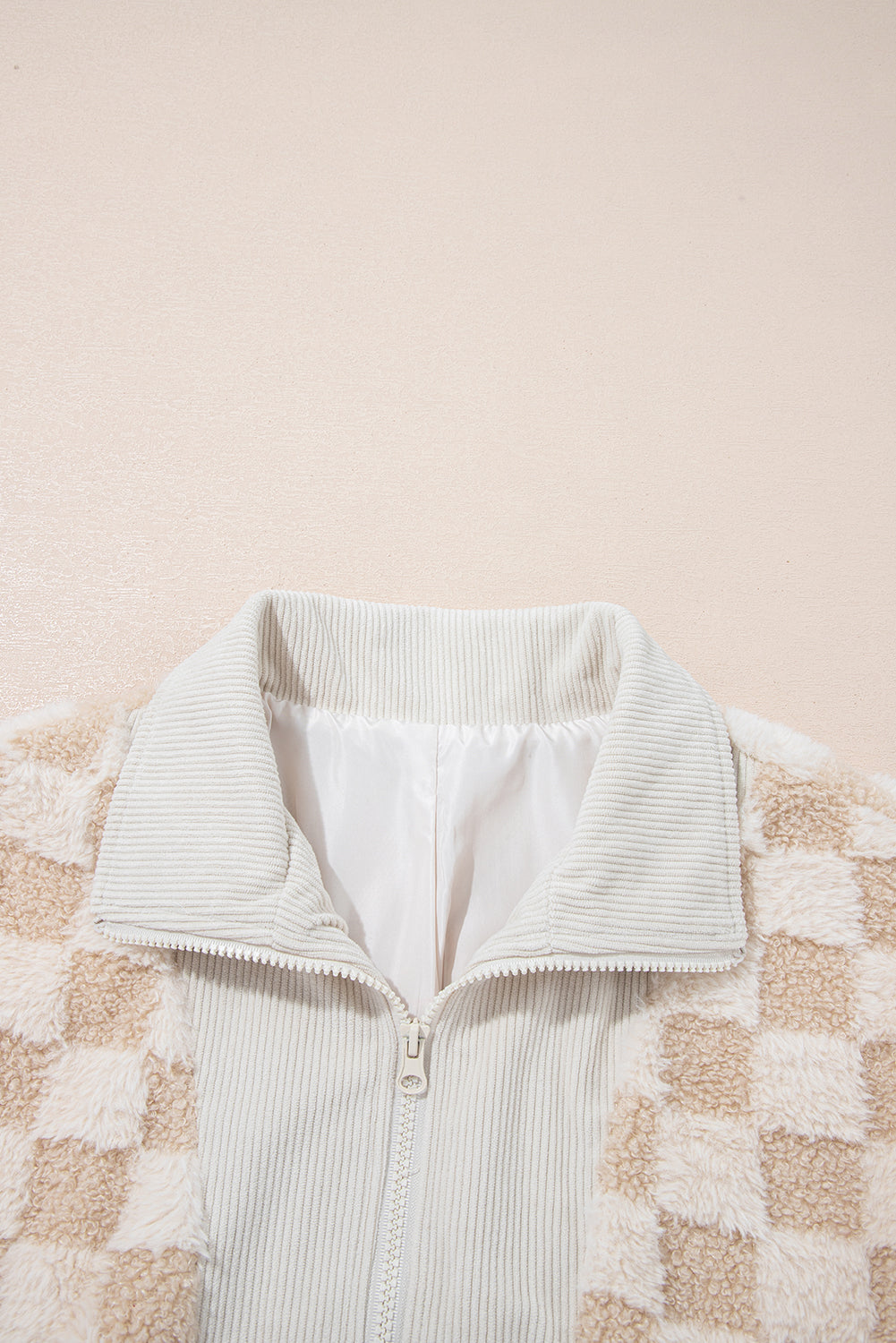 Khaki Checker Sherpa Corduroy Patchwork Zip up Collared Jacket-Outerwear/Jackets-[Adult]-[Female]-2022 Online Blue Zone Planet