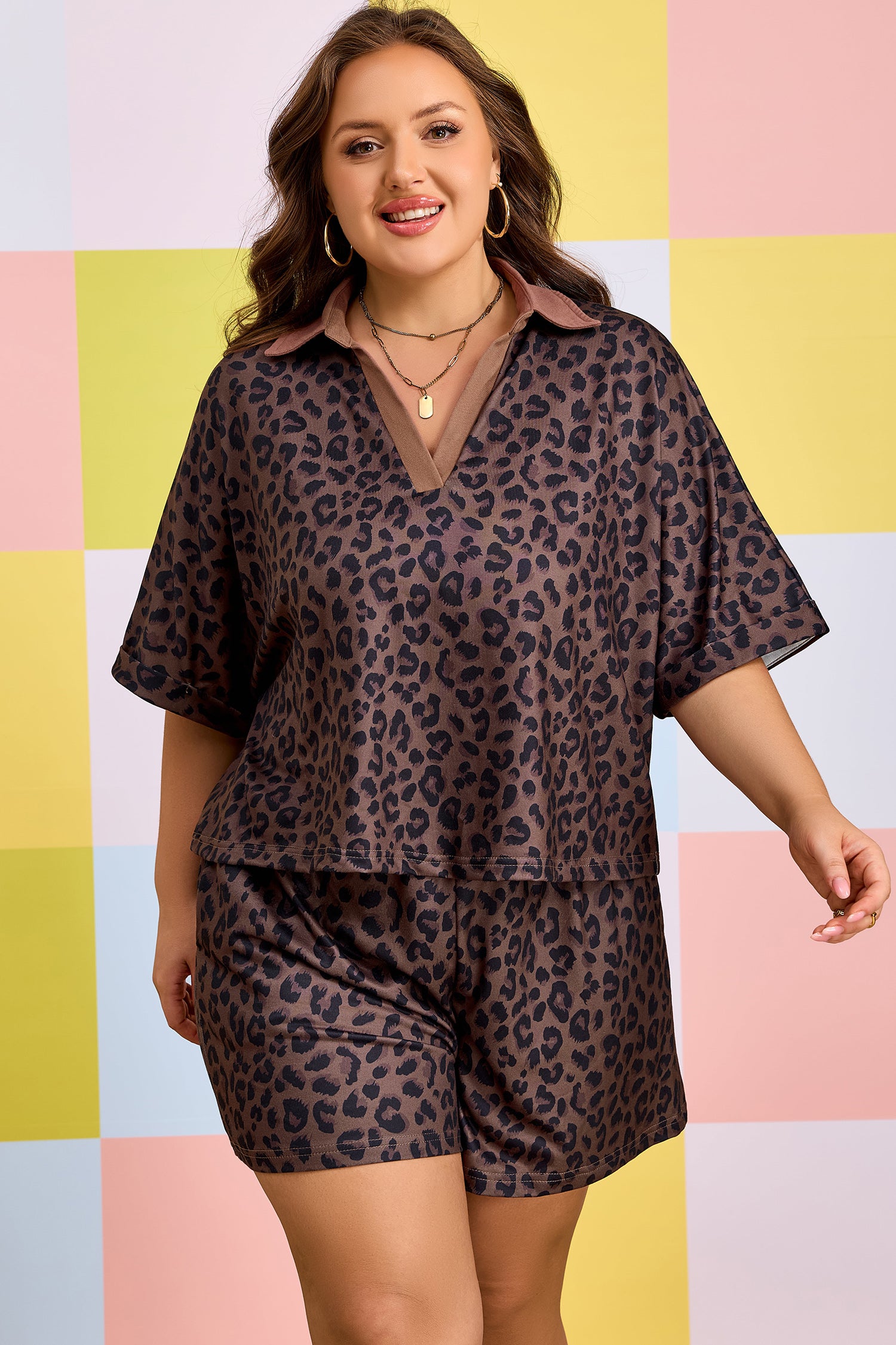 Brown Plus Size Leopard Short Set-Plus Size/Plus Size Loungewear-[Adult]-[Female]-2022 Online Blue Zone Planet