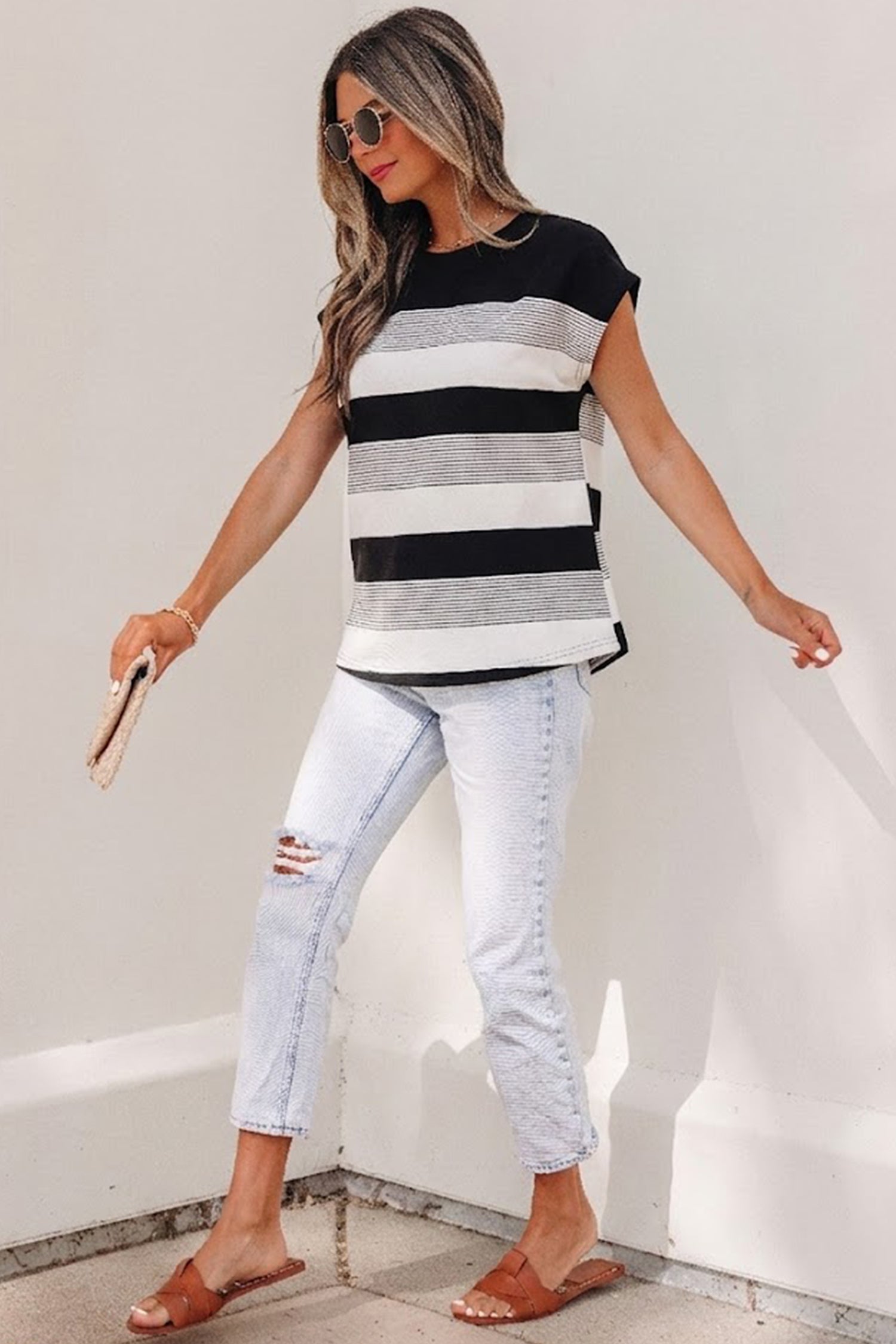 Black Stripe Mixed Print Crew Neck Cap Sleeve T Shirt-Tops/Tops & Tees-[Adult]-[Female]-2022 Online Blue Zone Planet