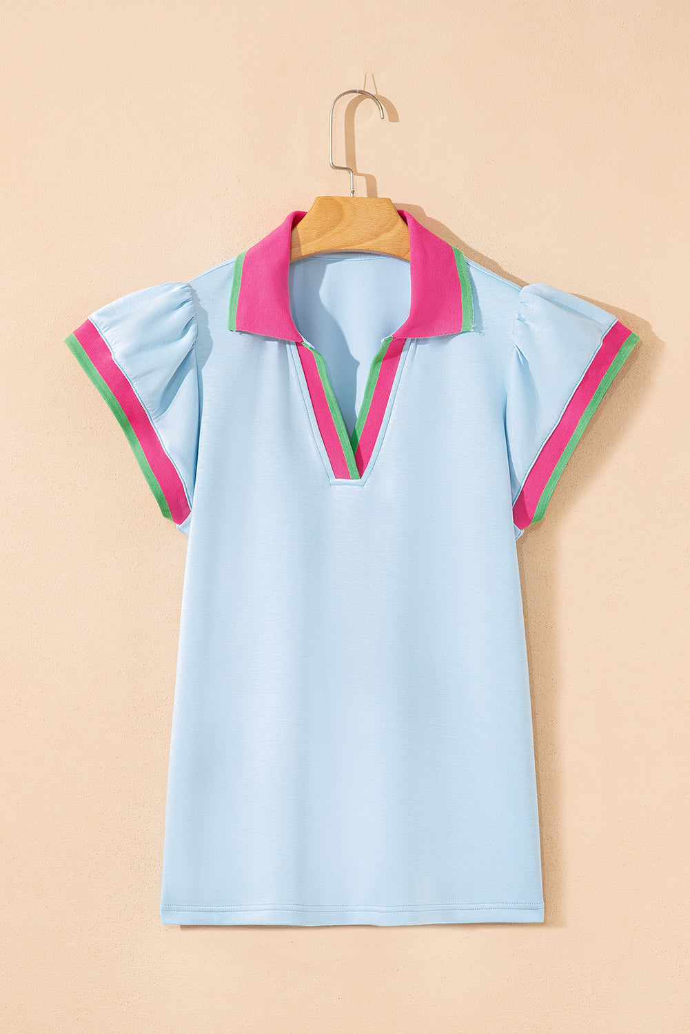 Beau Blue Color Contrast Ruffled Sleeve Collared V Neck Blouse-Tops/Blouses & Shirts-[Adult]-[Female]-2022 Online Blue Zone Planet