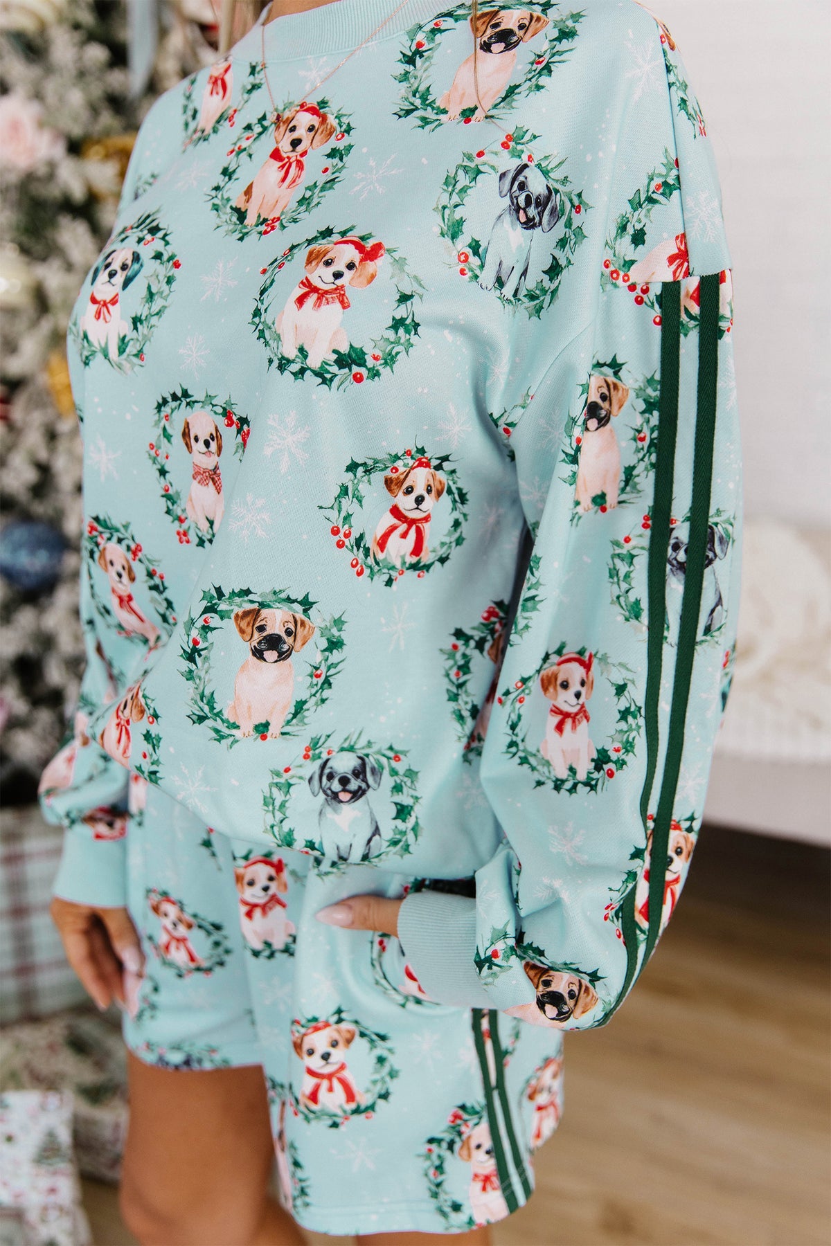 Sky Blue Holiday Puppies Wreath Print Pocket Sweatshirt and Shorts Set-Loungewear & Sleepwear/Loungewear-[Adult]-[Female]-2022 Online Blue Zone Planet