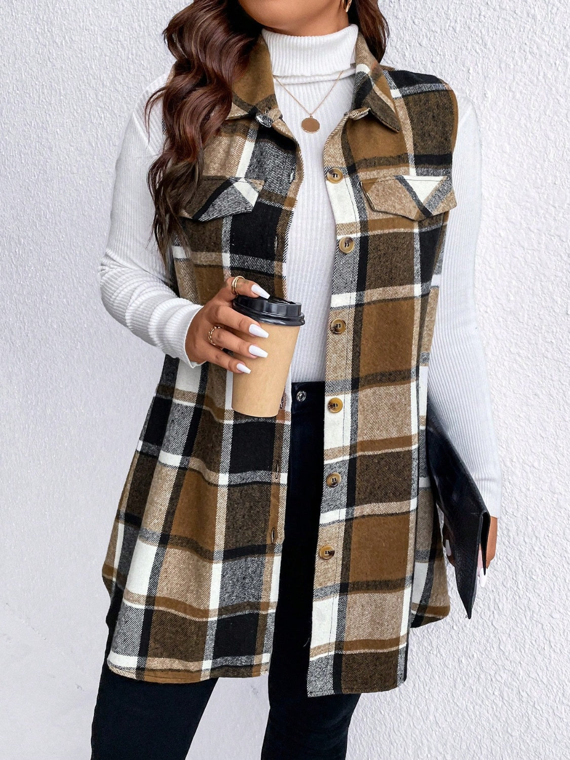 Honey Plus Size Pocketed Plaid Button Up Vest Coat-TOPS / DRESSES-[Adult]-[Female]-2022 Online Blue Zone Planet