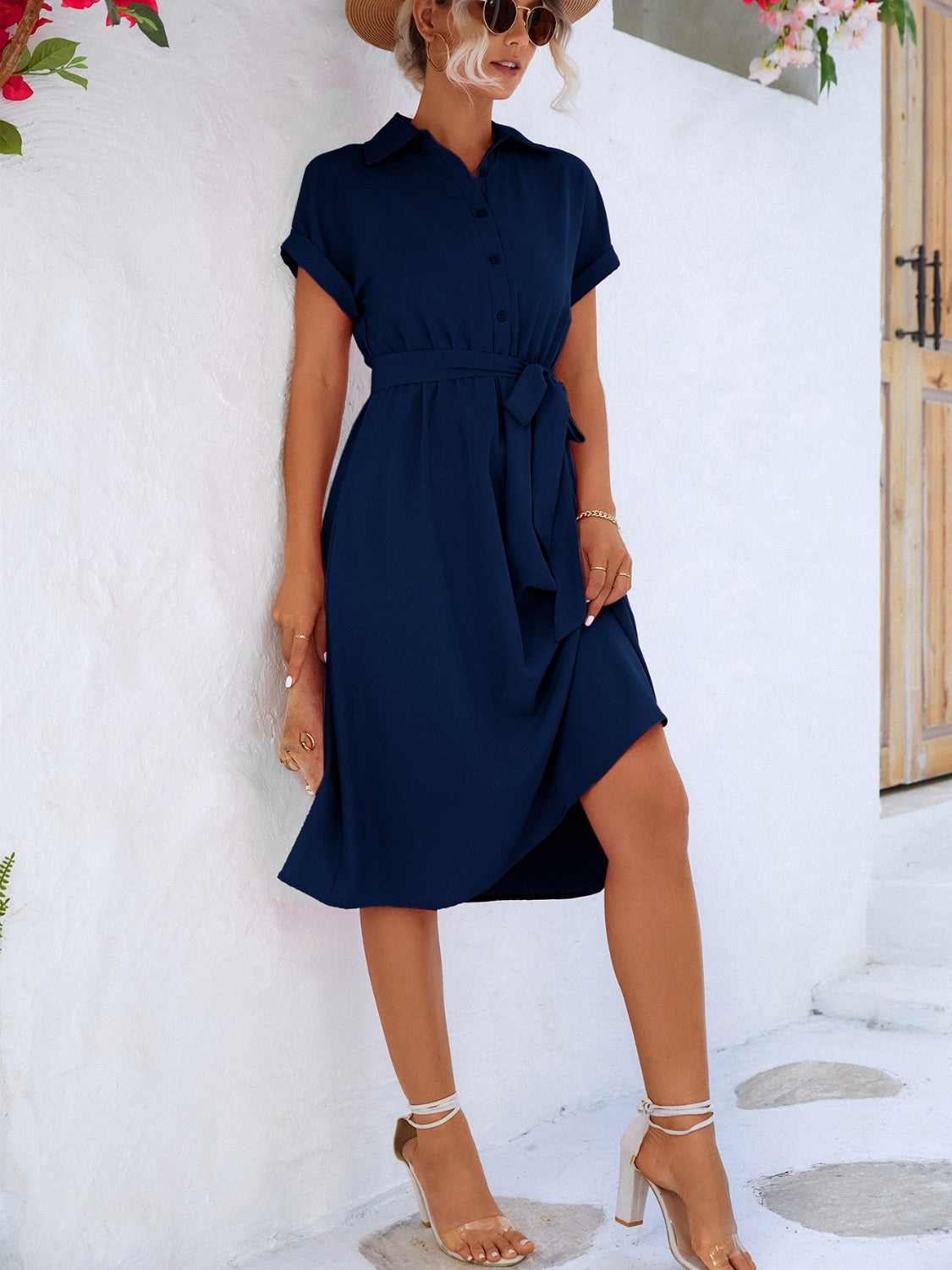 Buttoned Tie Waist Short Sleeve Dress BLUE ZONE PLANET