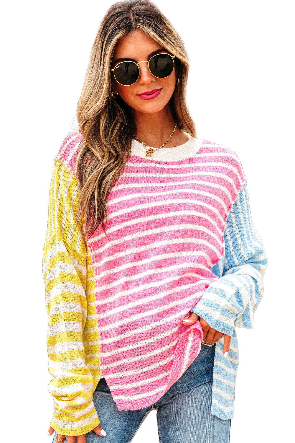 Multicolour Color Block Striped Patchwork Dolman Sleeve Slit Sweater-TOPS / DRESSES-[Adult]-[Female]-2022 Online Blue Zone Planet