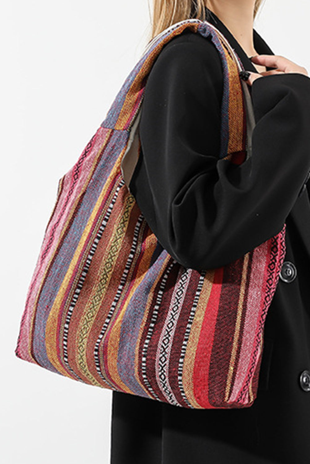 Fiery Red Ethnic Striped Canvas Tote Bag-Tote Bags-[Adult]-[Female]-Fiery Red-ONE SIZE-2022 Online Blue Zone Planet