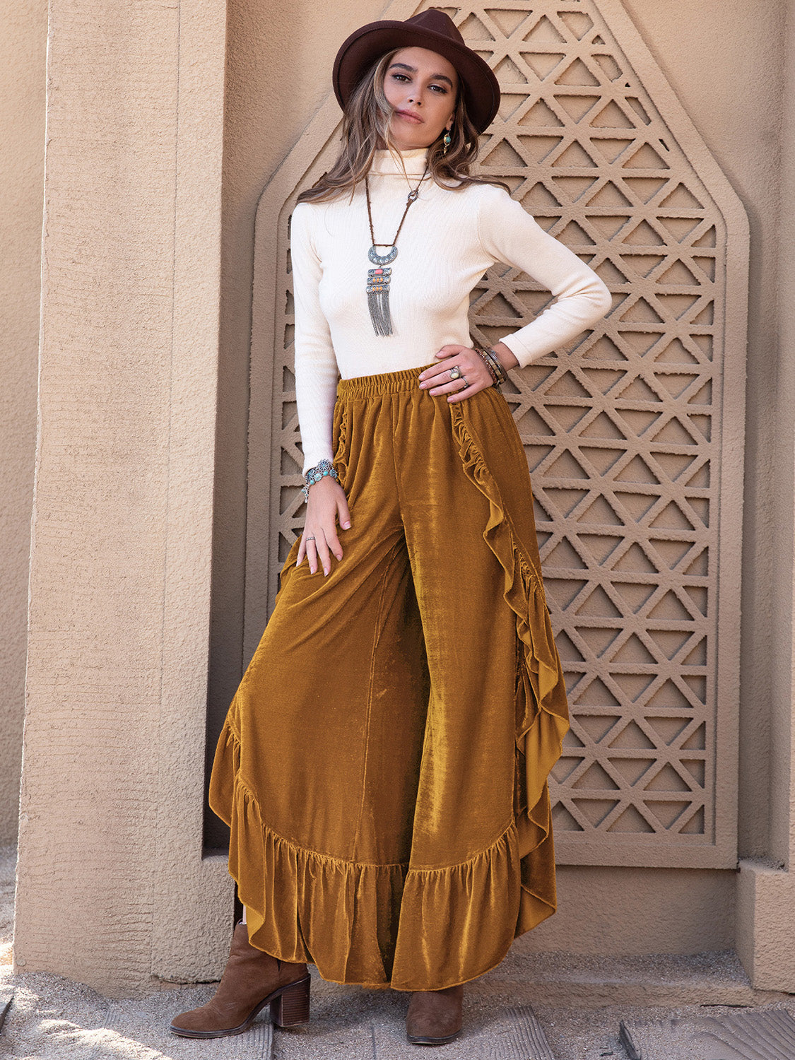 Slit Ruffled Wide Leg Pants-BOTTOMS SIZES SMALL MEDIUM LARGE-[Adult]-[Female]-2022 Online Blue Zone Planet