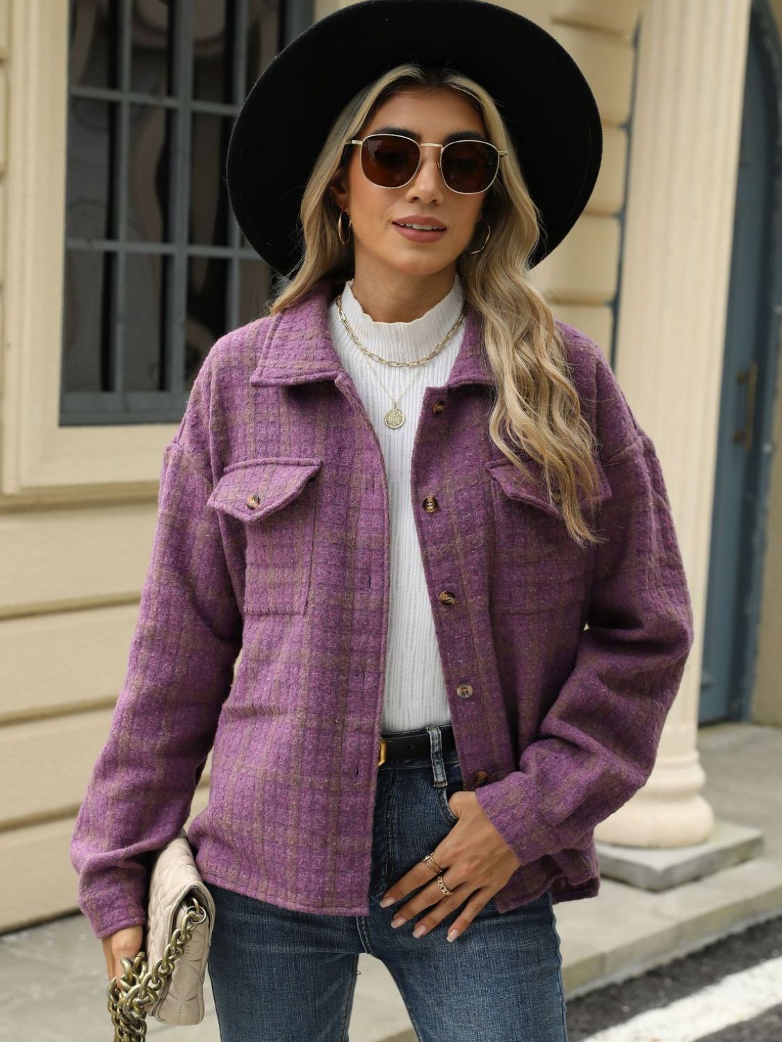 Plaid Collared Neck Long Sleeve Jacket-TOPS / DRESSES-[Adult]-[Female]-Mauve-S-2022 Online Blue Zone Planet