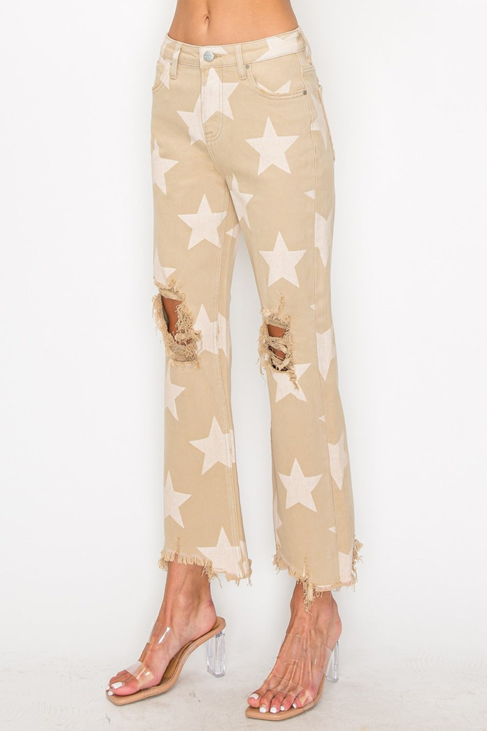 RISEN Full Size High Rise Star Printed Frayed Hem Jeans-BOTTOMS SIZES SMALL MEDIUM LARGE-[Adult]-[Female]-2022 Online Blue Zone Planet