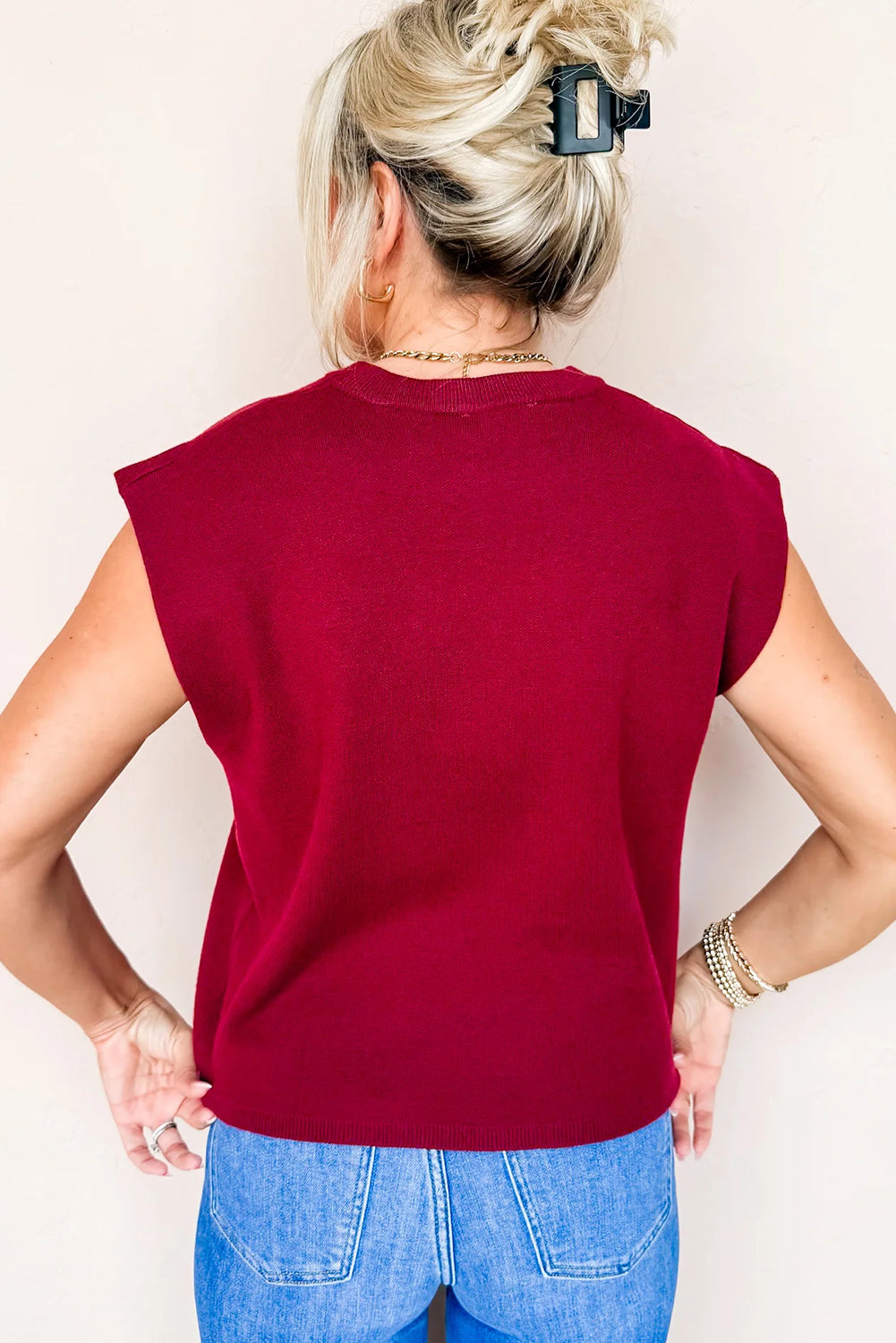 Racing Red Solid Color Crew Neck Knit Cap Sleeve Sweater-TOPS / DRESSES-[Adult]-[Female]-2022 Online Blue Zone Planet