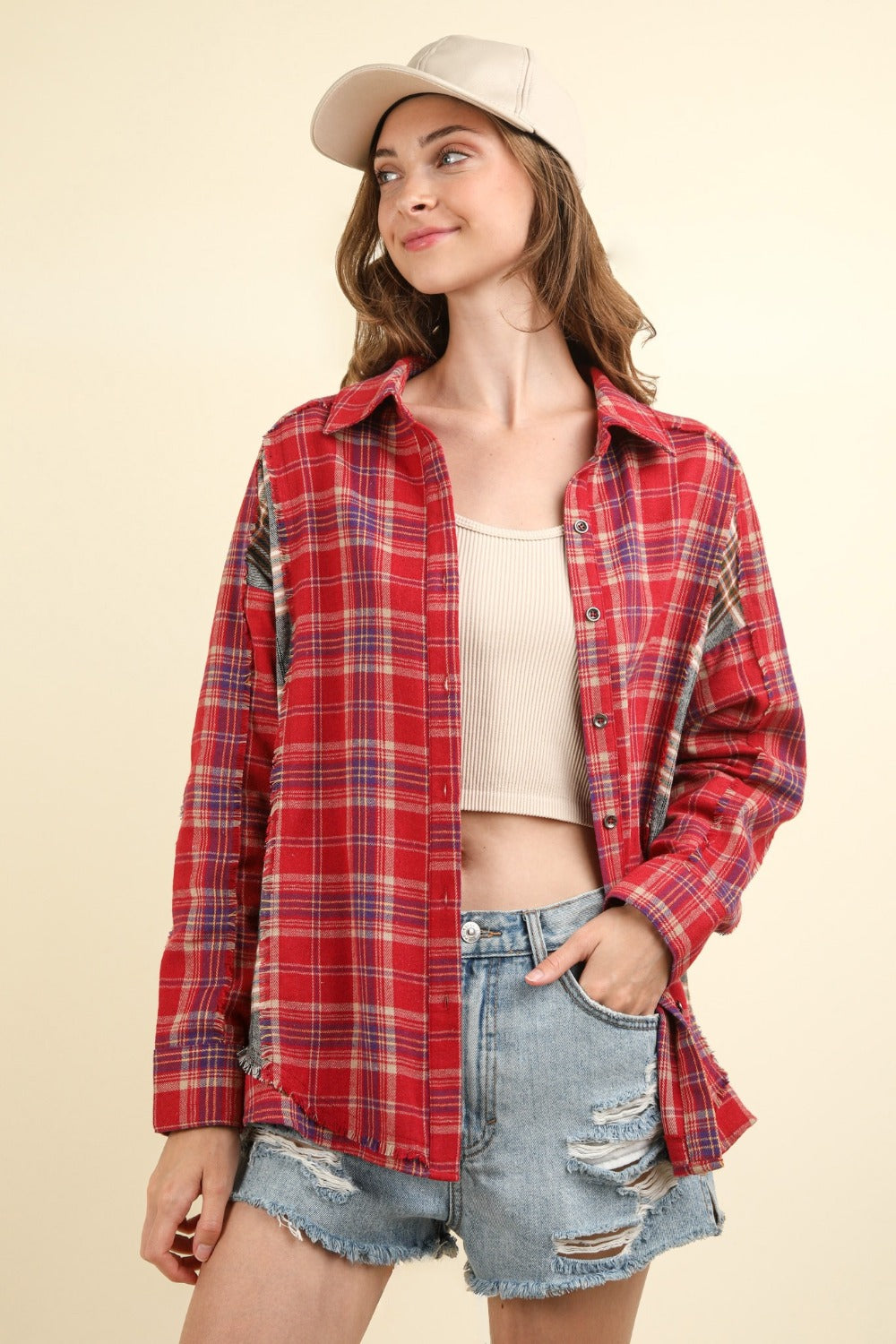 VERY J Contrast Plaid Raw Detail Shirt-TOPS / DRESSES-[Adult]-[Female]-2022 Online Blue Zone Planet