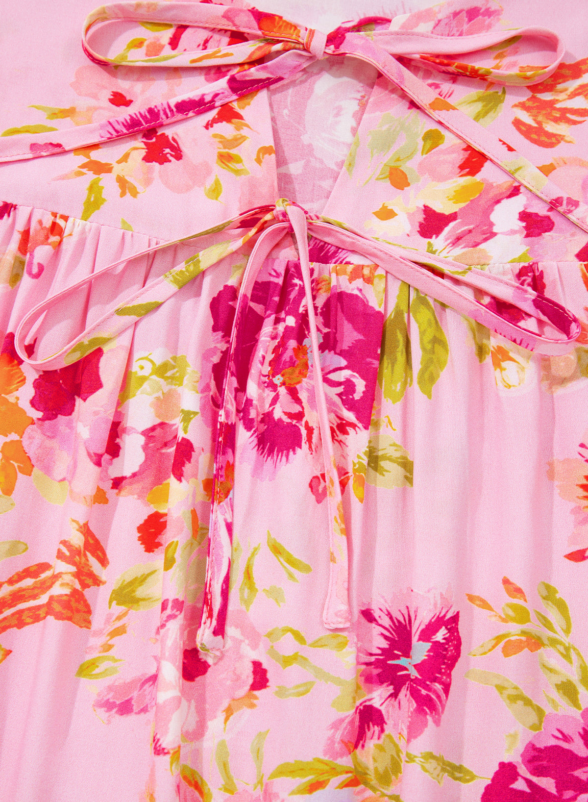 Pink Floral Print Tie Neck Puffy Half Sleeve Blouse-Tops/Blouses & Shirts-[Adult]-[Female]-2022 Online Blue Zone Planet