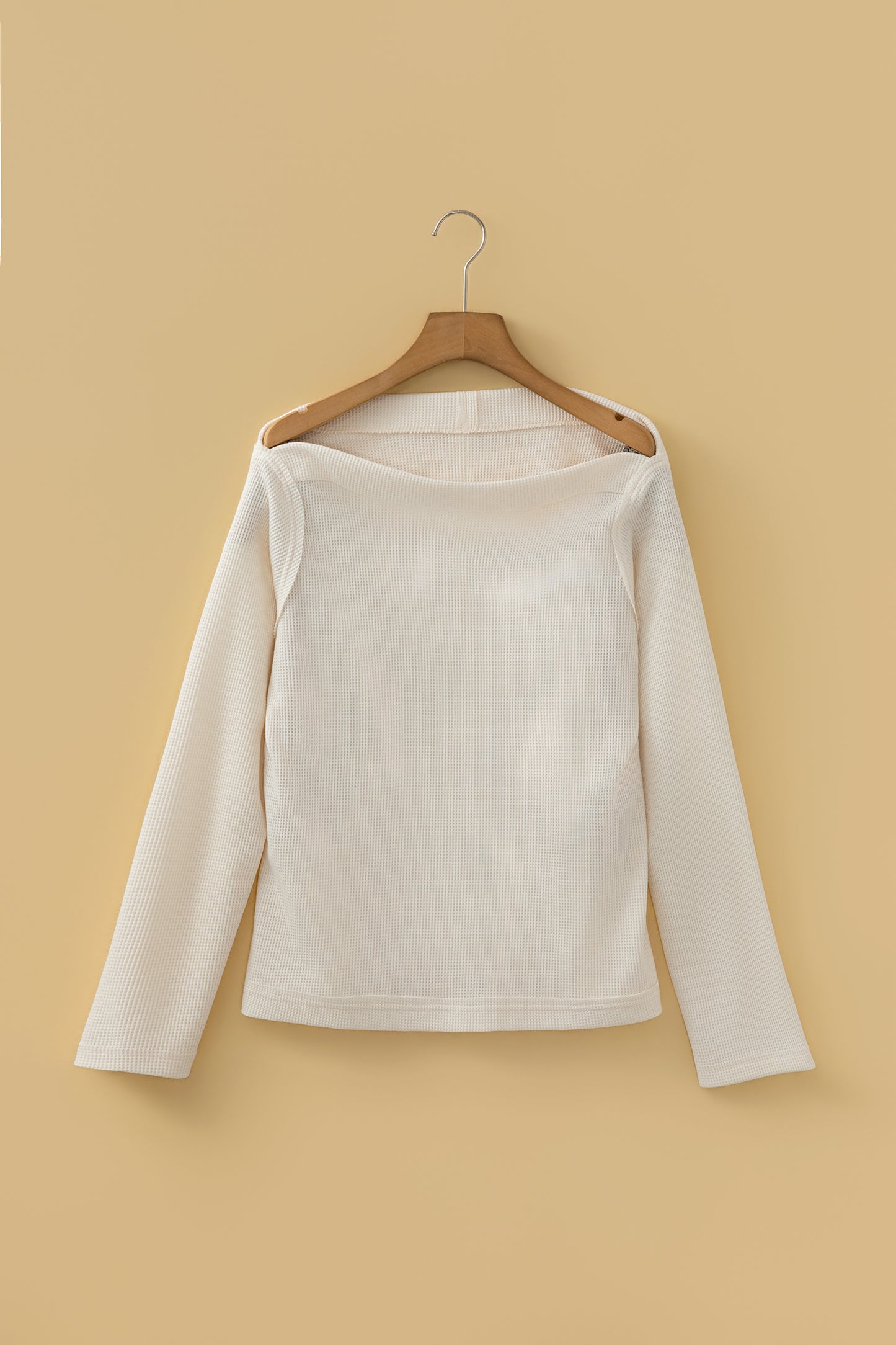Old Rose Solid Color Waffle Knit Asymmetric Neck Long Sleeve Top-Tops/Long Sleeve Tops-[Adult]-[Female]-2022 Online Blue Zone Planet