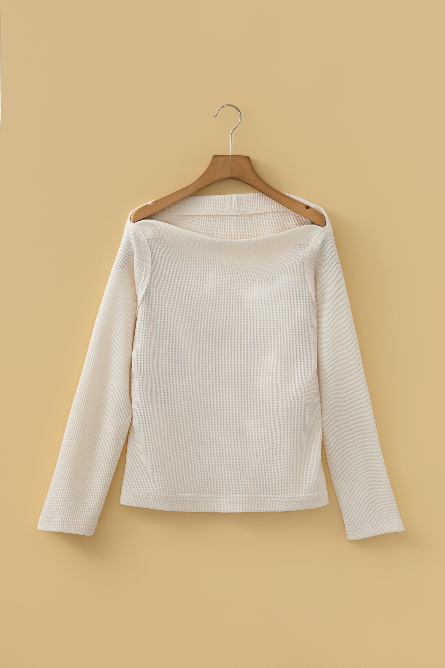 Old Rose Solid Color Waffle Knit Asymmetric Neck Long Sleeve Top-Tops/Long Sleeve Tops-[Adult]-[Female]-2022 Online Blue Zone Planet