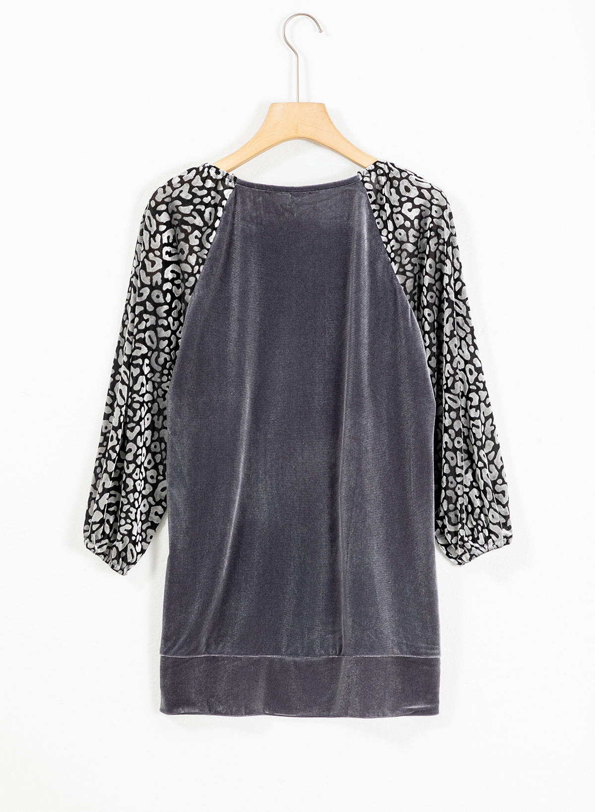 Medium Grey Leopard Splicing Lantern Sleeve Velvet Blouse-Tops/Blouses & Shirts-[Adult]-[Female]-2022 Online Blue Zone Planet