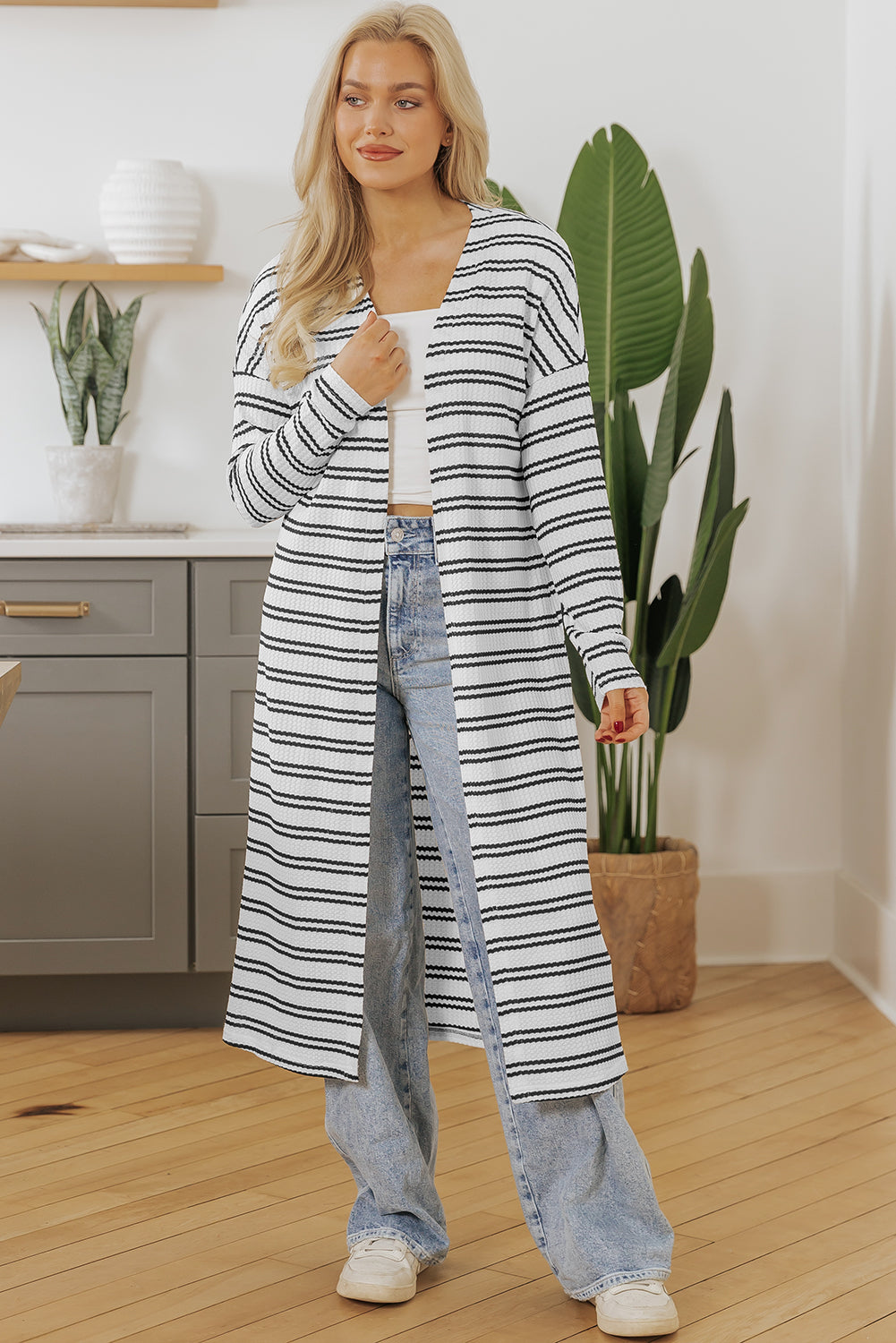 Blue Zone Planet | Black Stripe Print Open Front Duster Cardigan-Sweaters & Cardigans/Cardigans-[Adult]-[Female]-2022 Online Blue Zone Planet