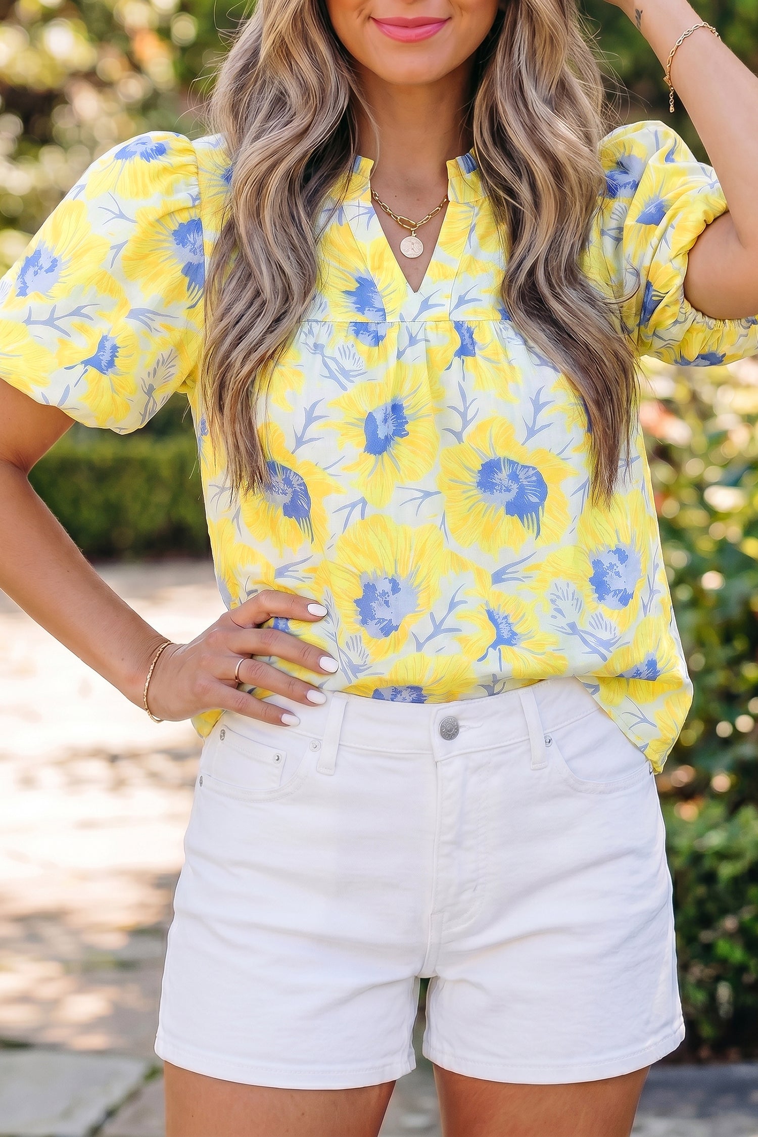 Yellow Short Bubble Sleeve Summer Floral Blouse-Tops/Blouses & Shirts-[Adult]-[Female]-2022 Online Blue Zone Planet