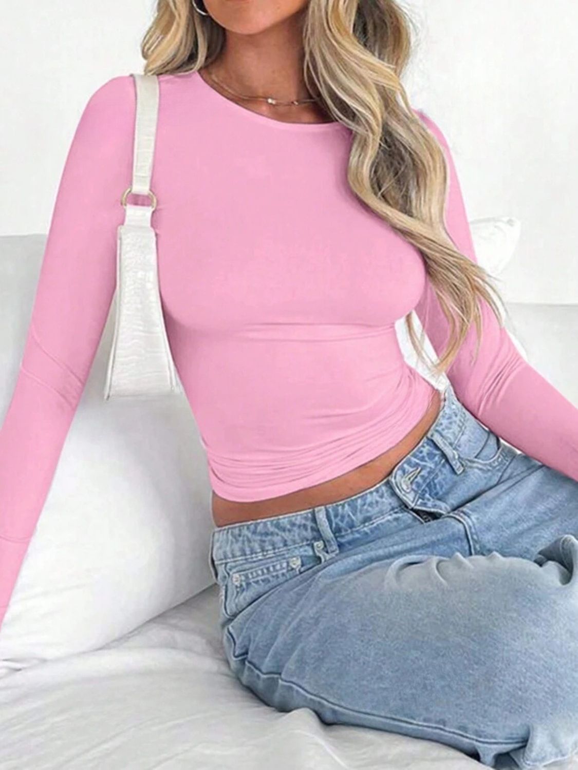 Solid Color Round Neck Long Sleeve T-Shirt-TOPS / DRESSES-[Adult]-[Female]-Pink-XS-2022 Online Blue Zone Planet