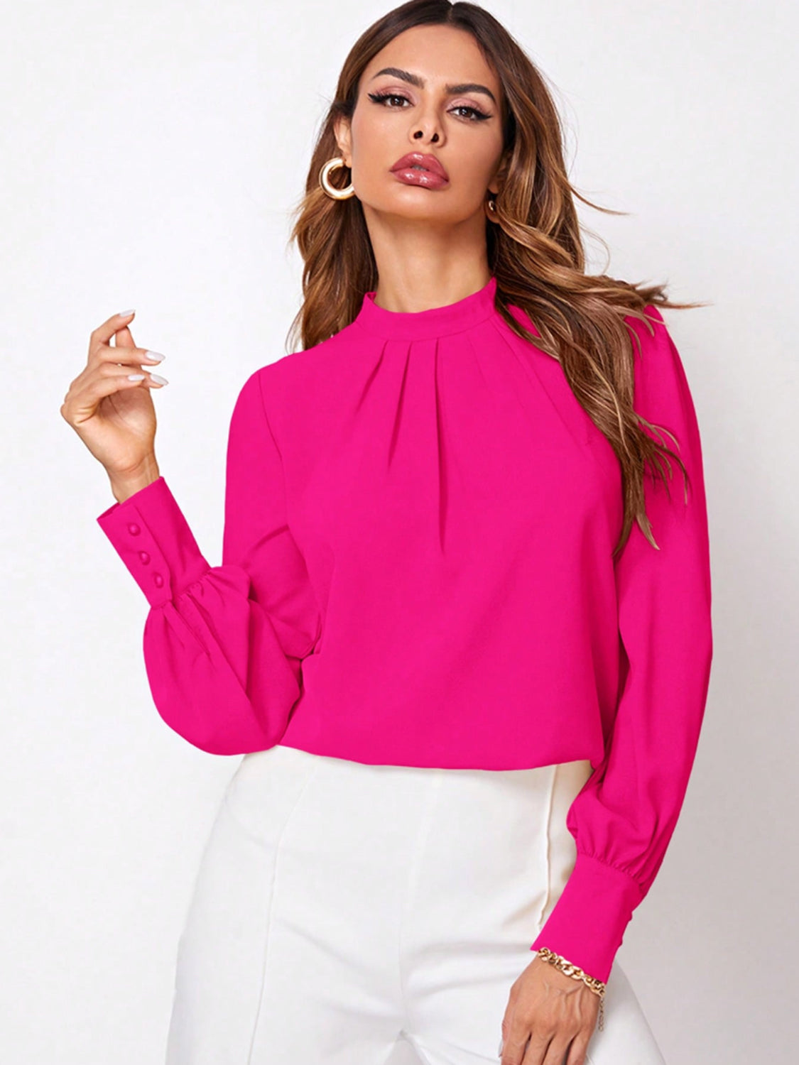 Blue Zone Planet | Ruched Mock Neck Long Sleeve Blouse-TOPS / DRESSES-[Adult]-[Female]-Hot Pink-XS-2022 Online Blue Zone Planet