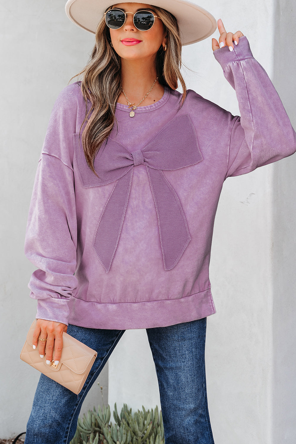 Orchid Bouquet Mineral Wash Big Bow Patchwork Pullover Sweatshirt-Tops/Sweatshirts & Hoodies-[Adult]-[Female]-Orchid Bouquet-S-2022 Online Blue Zone Planet