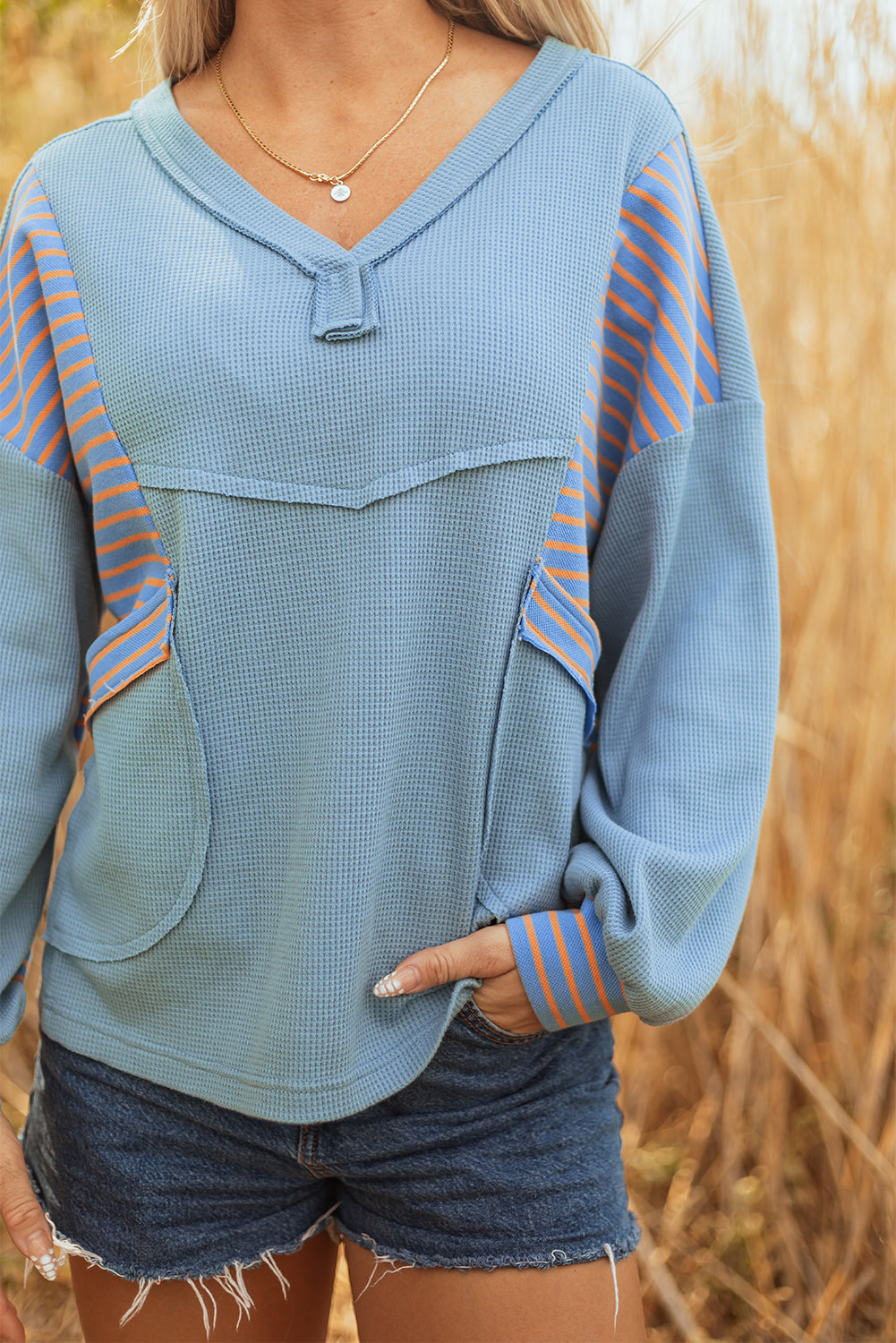 Dusk Blue Exposed Seam Waffle Striped Patchwork Baggy Pullover-Tops/Long Sleeve Tops-[Adult]-[Female]-2022 Online Blue Zone Planet