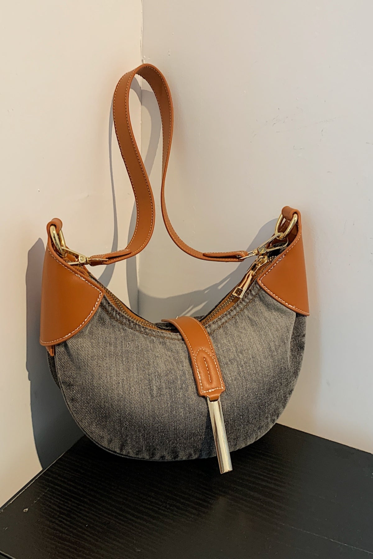 Contrast Denim Shoulder Bag-[Adult]-[Female]-2022 Online Blue Zone Planet