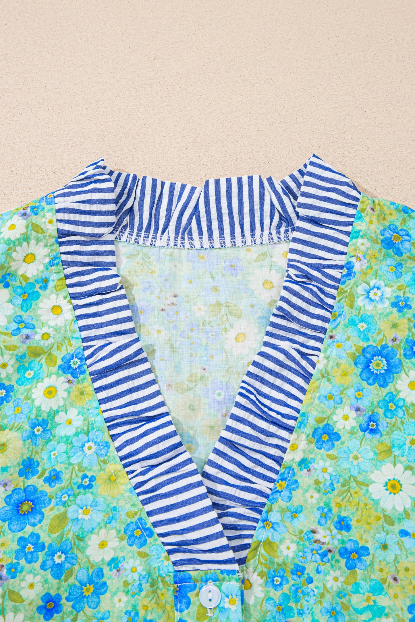 Green Floral Painting Print Striped Patchwork Flutter Sleeve V Neck Blouse-Tops/Blouses & Shirts-[Adult]-[Female]-2022 Online Blue Zone Planet