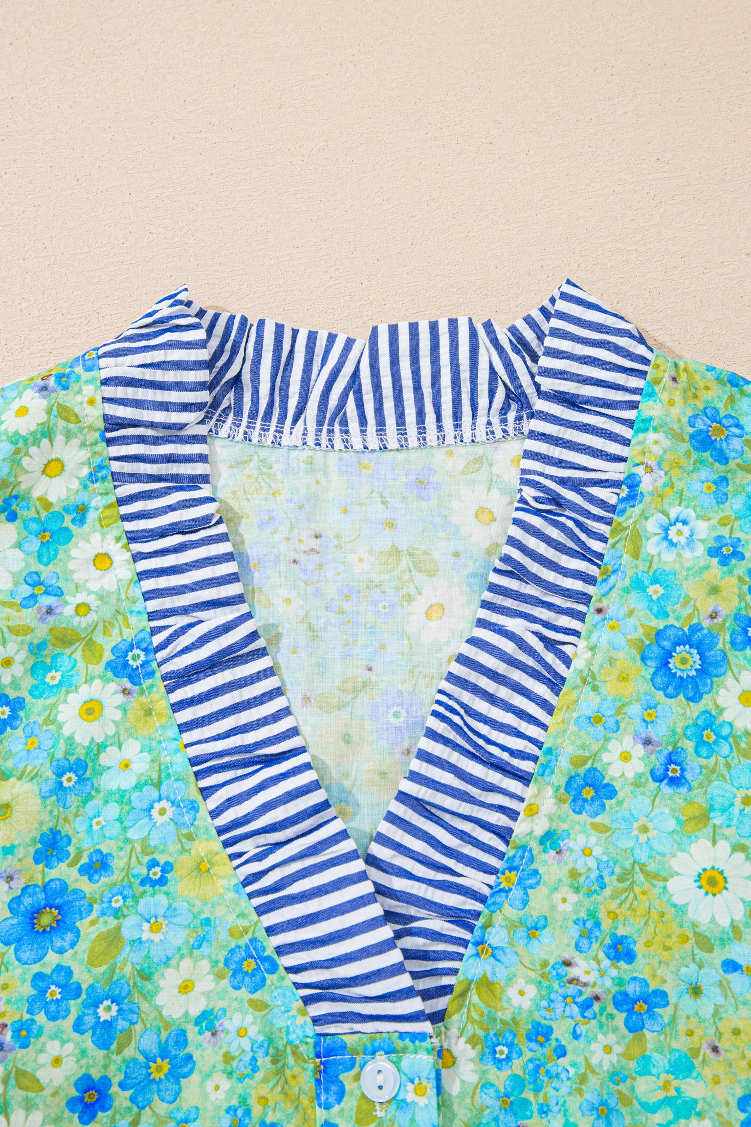 Green Floral Painting Print Striped Patchwork Flutter Sleeve V Neck Blouse-Tops/Blouses & Shirts-[Adult]-[Female]-2022 Online Blue Zone Planet